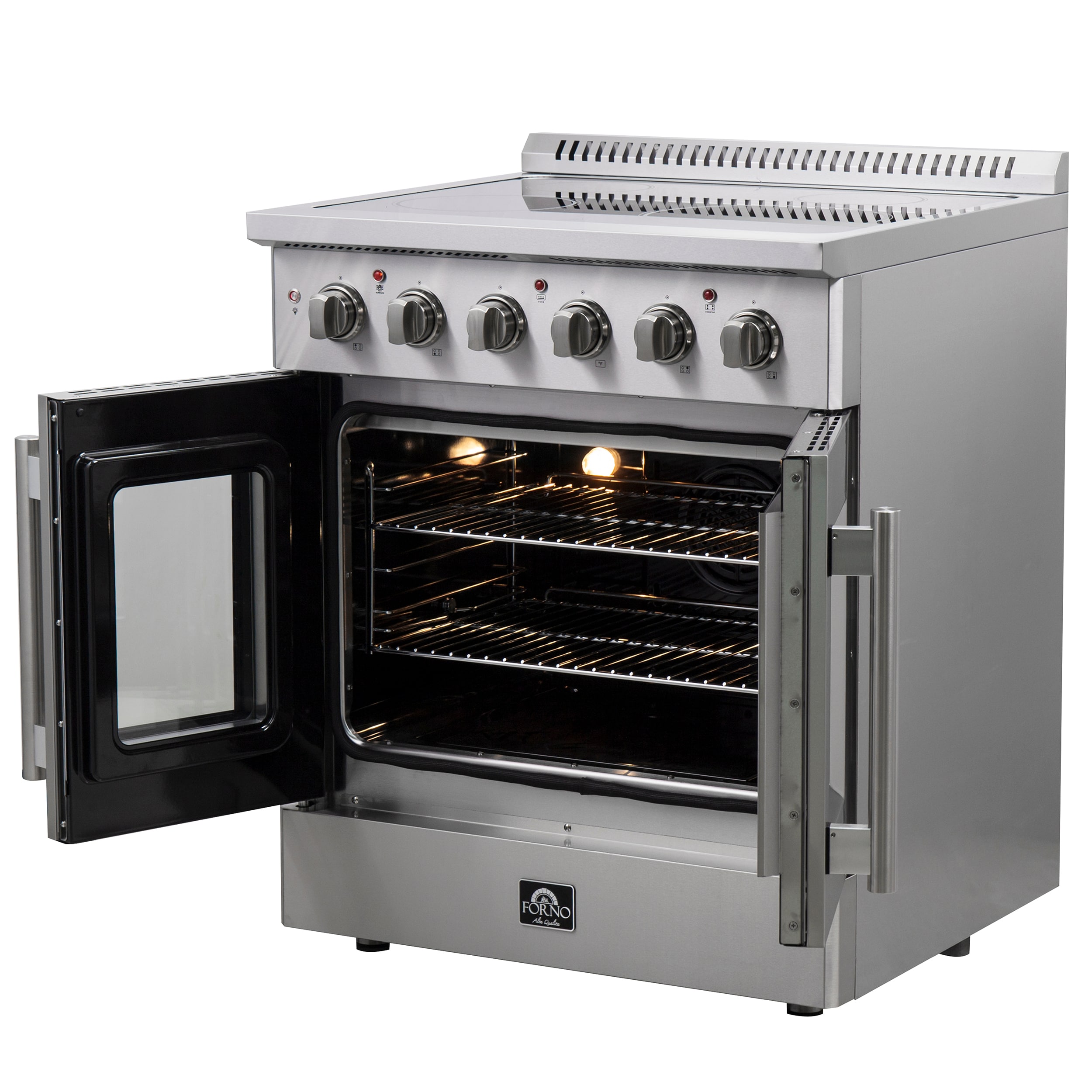 Estufa eléctrica independiente con horno de aire convección y freidora de aire FORNO Galiano Titanium de puerta francesa de 30 pulgadas con 4 quemadores en la parte superior de vidrio y 4.32 pies cúbicos de capacidad en acero inoxidable.