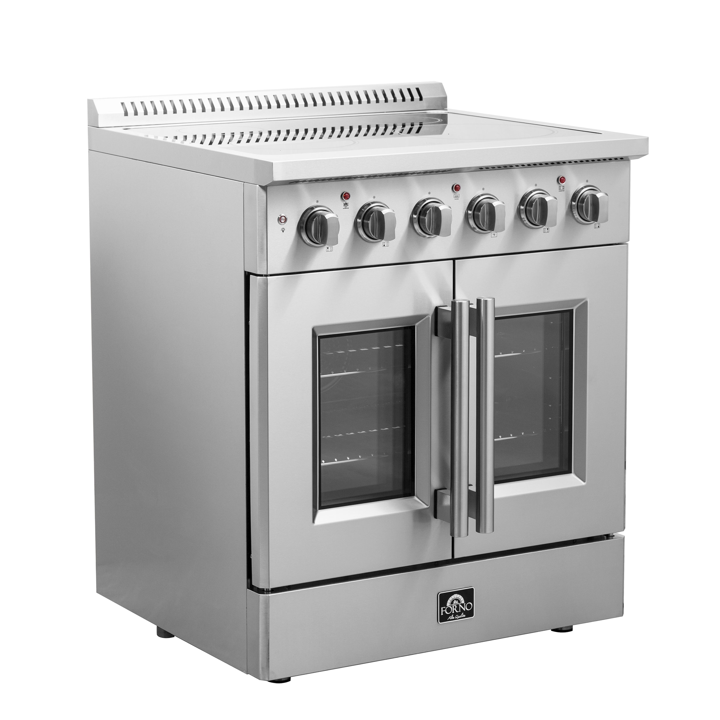 Estufa eléctrica independiente con horno de aire convección y freidora de aire FORNO Galiano Titanium de puerta francesa de 30 pulgadas con 4 quemadores en la parte superior de vidrio y 4.32 pies cúbicos de capacidad en acero inoxidable.