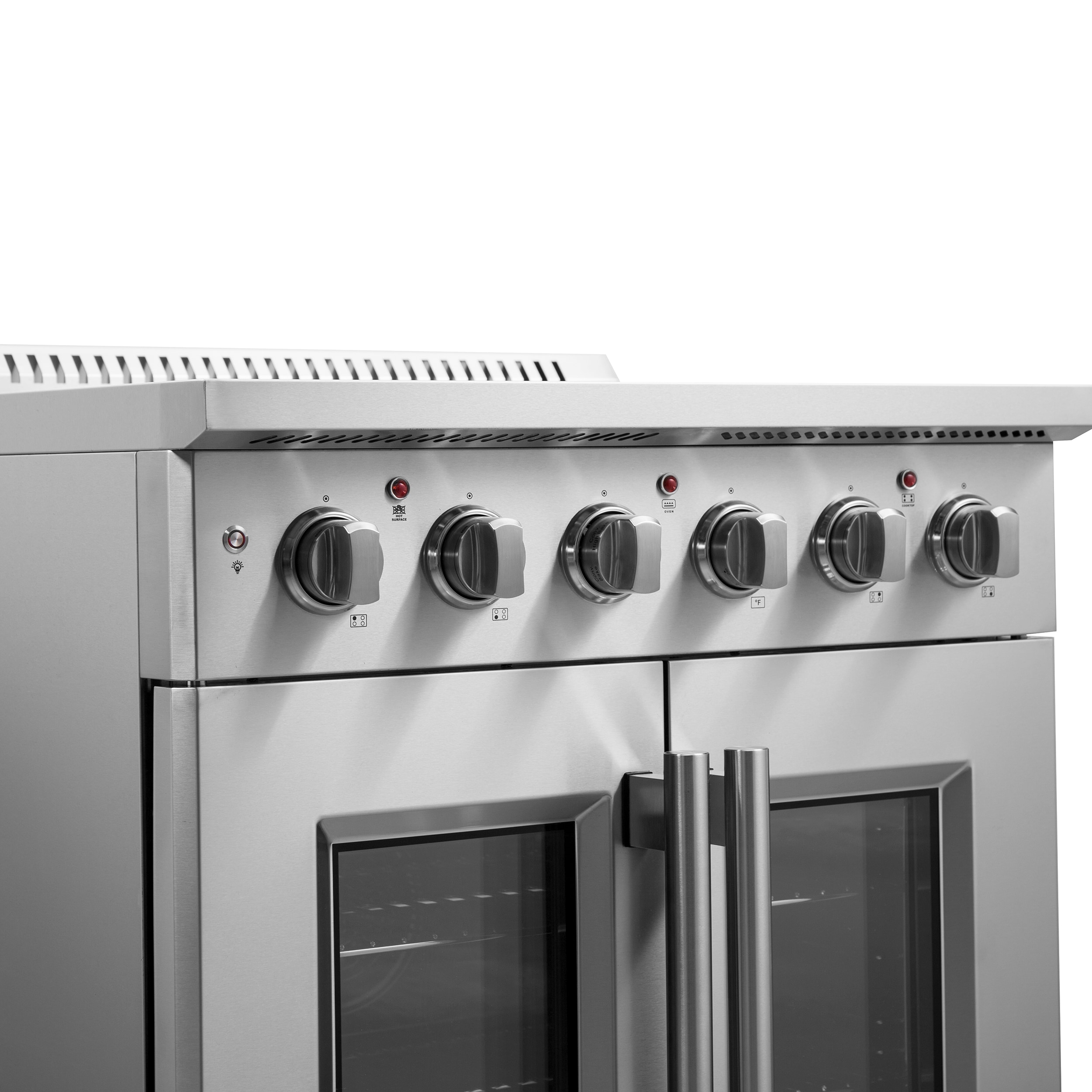 Estufa eléctrica independiente con horno de aire convección y freidora de aire FORNO Galiano Titanium de puerta francesa de 30 pulgadas con 4 quemadores en la parte superior de vidrio y 4.32 pies cúbicos de capacidad en acero inoxidable.