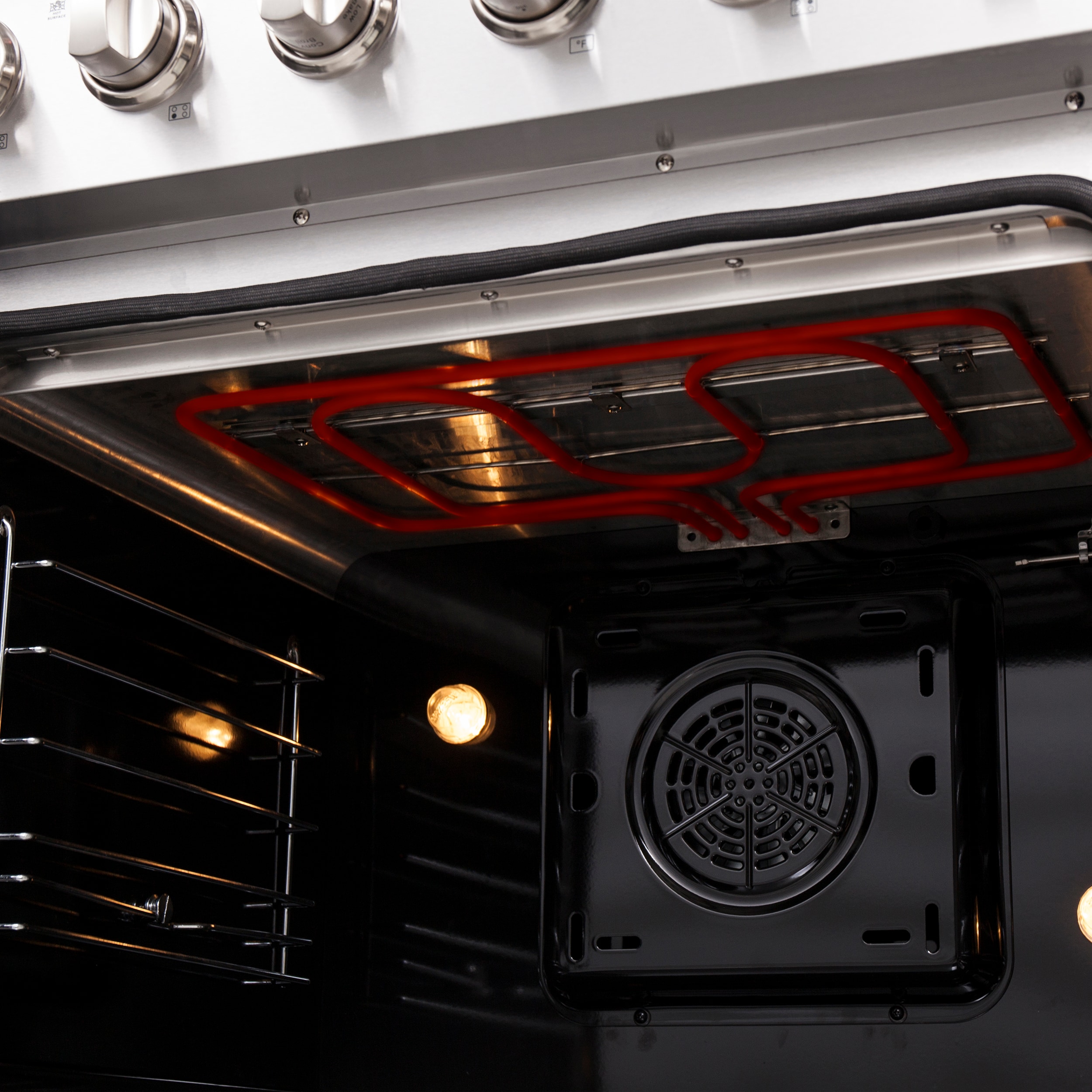 Estufa eléctrica independiente con horno de aire convección y freidora de aire FORNO Galiano Titanium de puerta francesa de 30 pulgadas con 4 quemadores en la parte superior de vidrio y 4.32 pies cúbicos de capacidad en acero inoxidable.