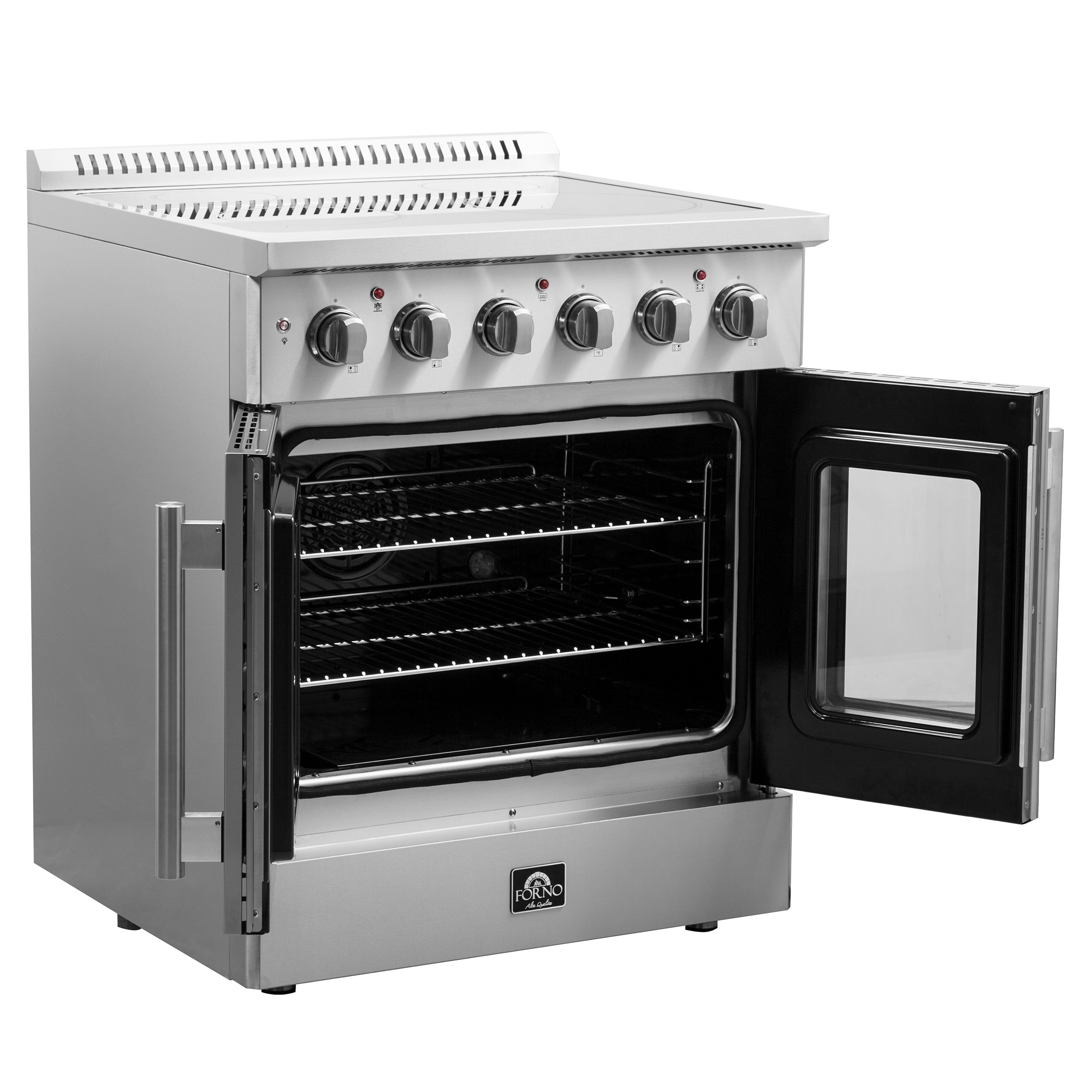 Estufa eléctrica independiente con horno de aire convección y freidora de aire FORNO Galiano Titanium de puerta francesa de 30 pulgadas con 4 quemadores en la parte superior de vidrio y 4.32 pies cúbicos de capacidad en acero inoxidable.