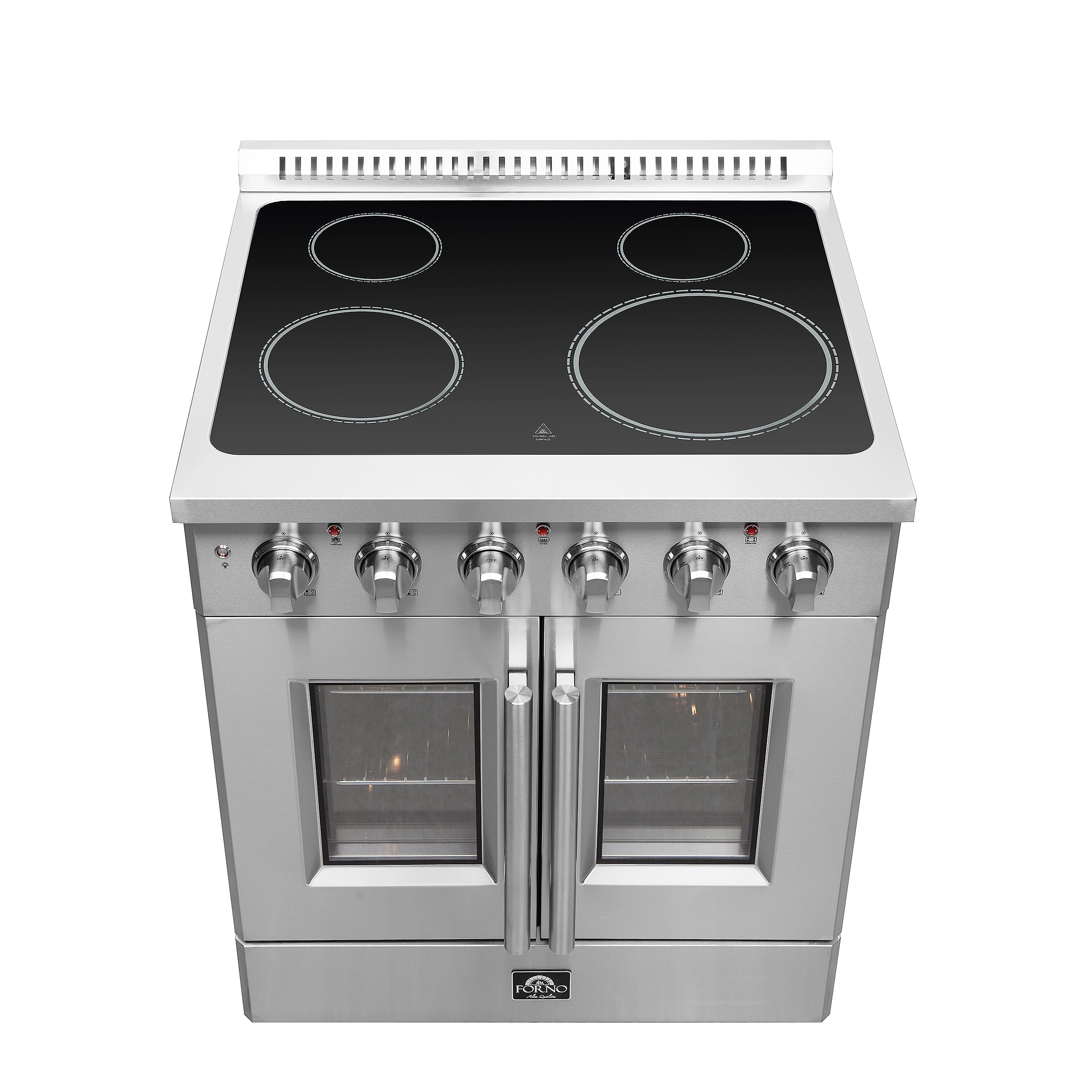 Estufa eléctrica independiente con horno de aire convección y freidora de aire FORNO Galiano Titanium de puerta francesa de 30 pulgadas con 4 quemadores en la parte superior de vidrio y 4.32 pies cúbicos de capacidad en acero inoxidable.
