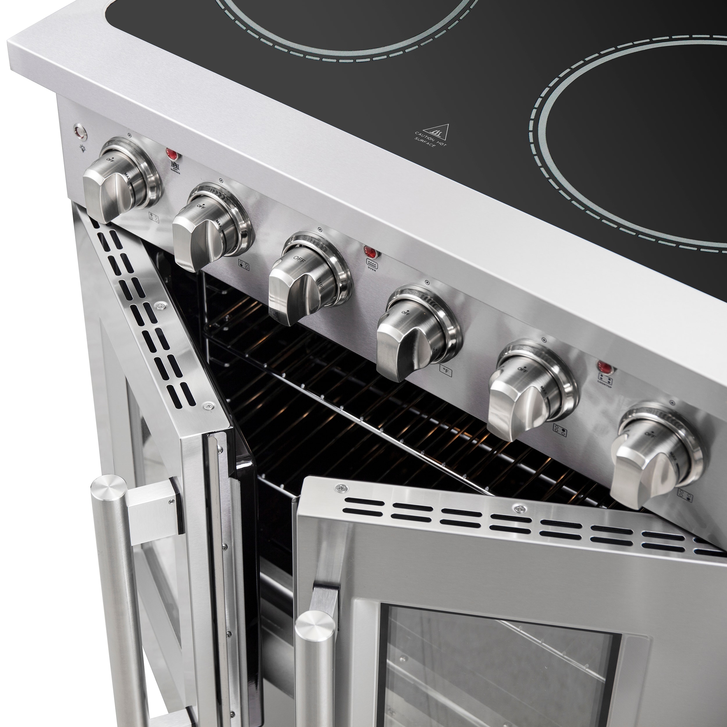 Estufa eléctrica independiente con horno de aire convección y freidora de aire FORNO Galiano Titanium de puerta francesa de 30 pulgadas con 4 quemadores en la parte superior de vidrio y 4.32 pies cúbicos de capacidad en acero inoxidable.