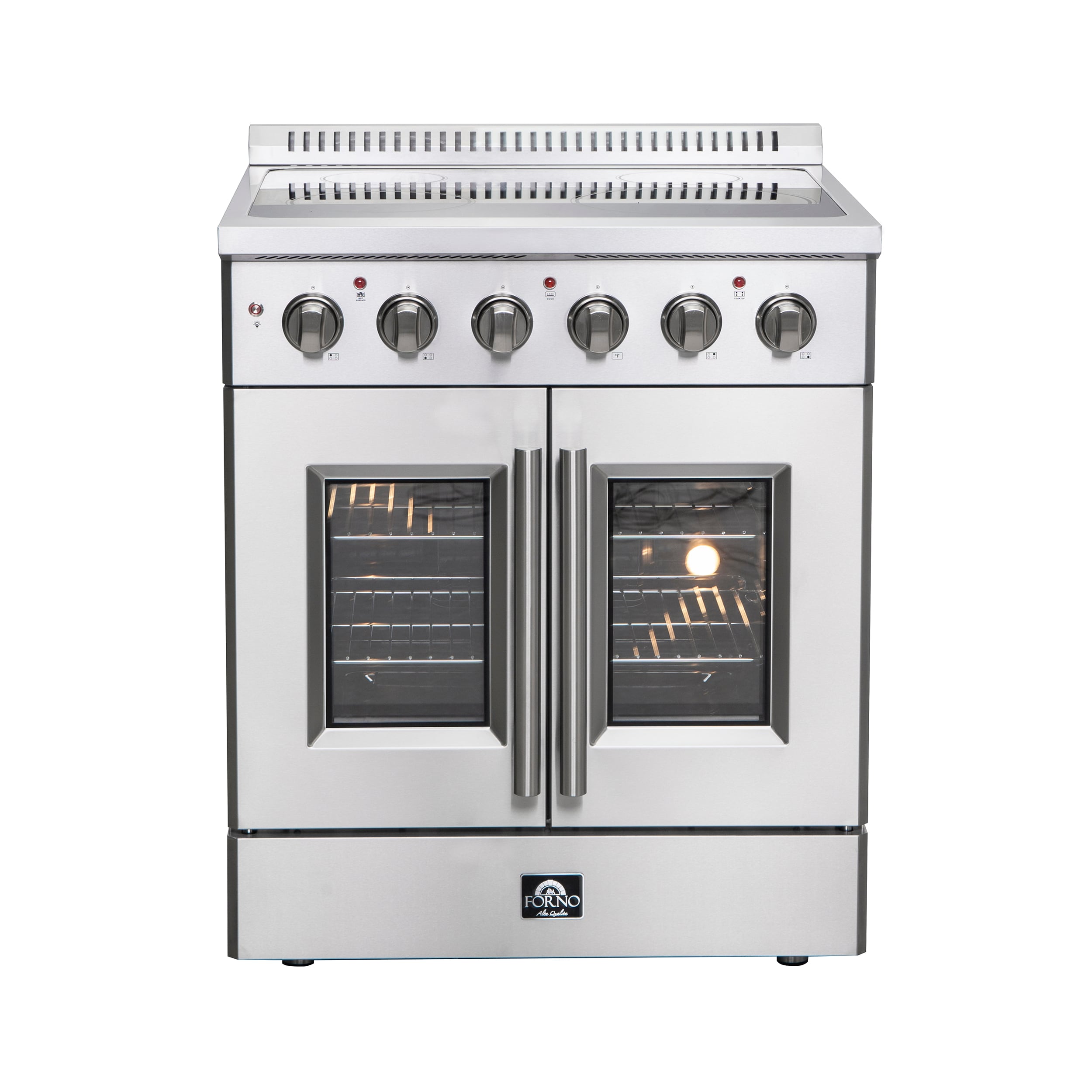 Estufa eléctrica independiente con horno de aire convección y freidora de aire FORNO Galiano Titanium de puerta francesa de 30 pulgadas con 4 quemadores en la parte superior de vidrio y 4.32 pies cúbicos de capacidad en acero inoxidable.