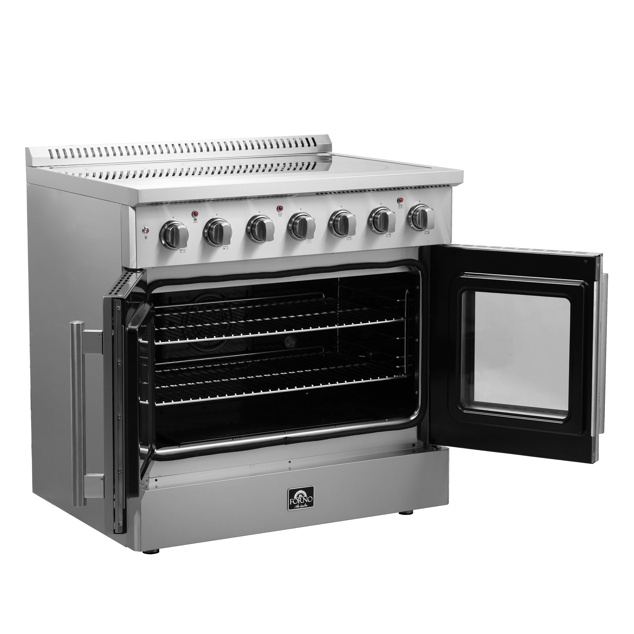 Horno Galiano con puertas francesas de titanio de 36 pulgadas, cubierta de vidrio, 5 quemadores, horno de convección con aire frito de 5.36 pies cúbicos, estufa eléctrica independiente de acero inoxidable (FFSEL6917-36)