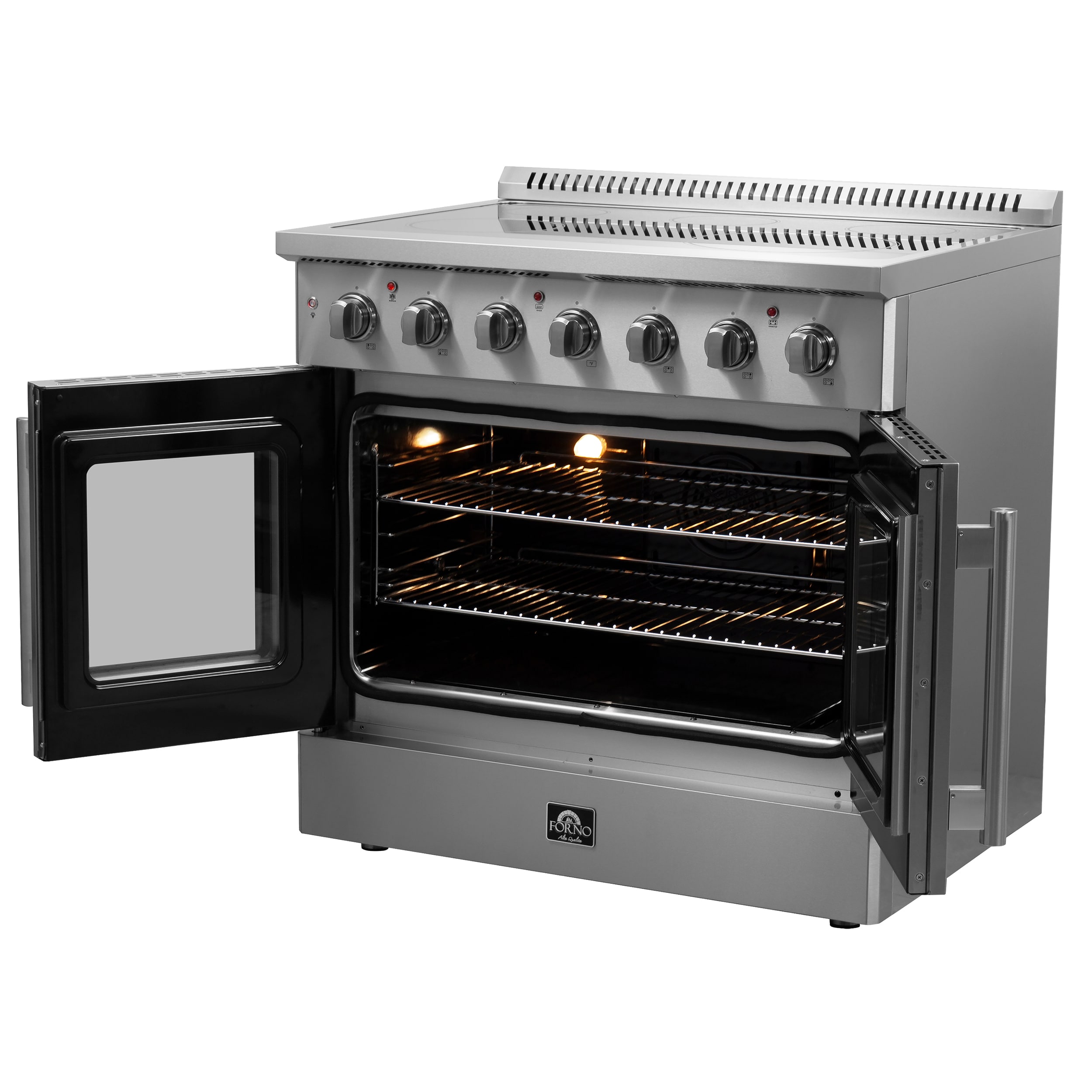 Horno Galiano con puertas francesas de titanio de 36 pulgadas, cubierta de vidrio, 5 quemadores, horno de convección con aire frito de 5.36 pies cúbicos, estufa eléctrica independiente de acero inoxidable (FFSEL6917-36)