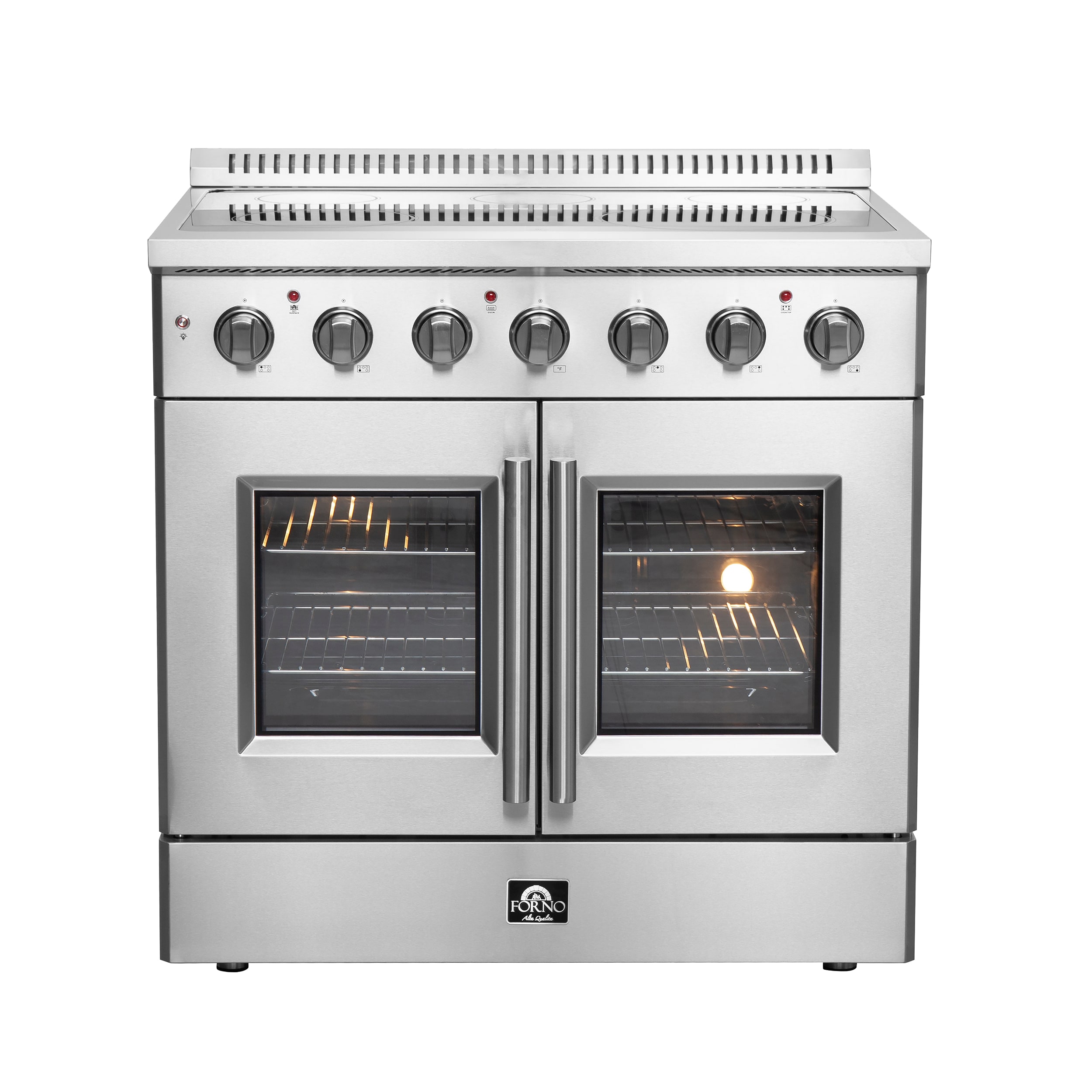 Horno Galiano con puertas francesas de titanio de 36 pulgadas, cubierta de vidrio, 5 quemadores, horno de convección con aire frito de 5.36 pies cúbicos, estufa eléctrica independiente de acero inoxidable (FFSEL6917-36)