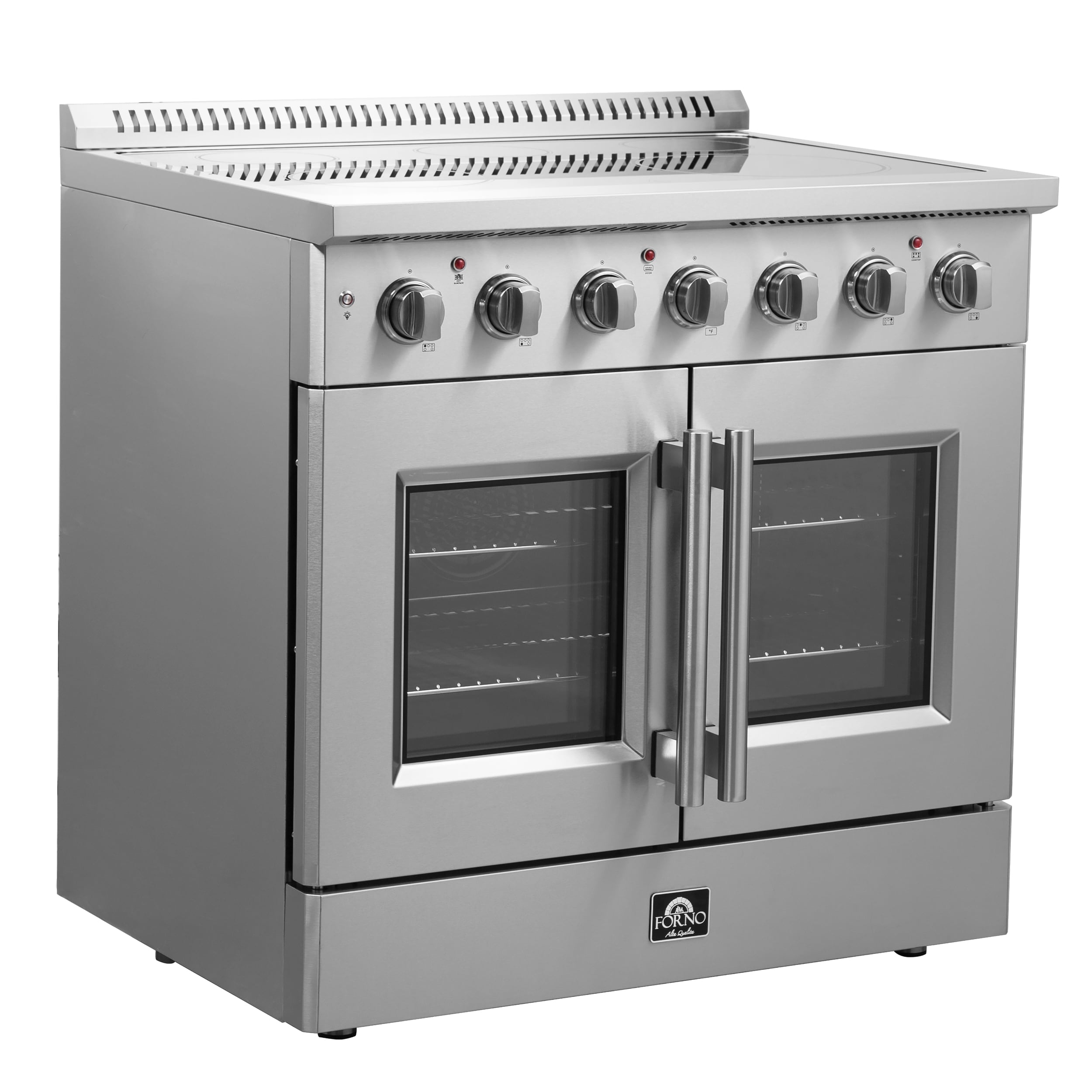 Horno Galiano con puertas francesas de titanio de 36 pulgadas, cubierta de vidrio, 5 quemadores, horno de convección con aire frito de 5.36 pies cúbicos, estufa eléctrica independiente de acero inoxidable (FFSEL6917-36)