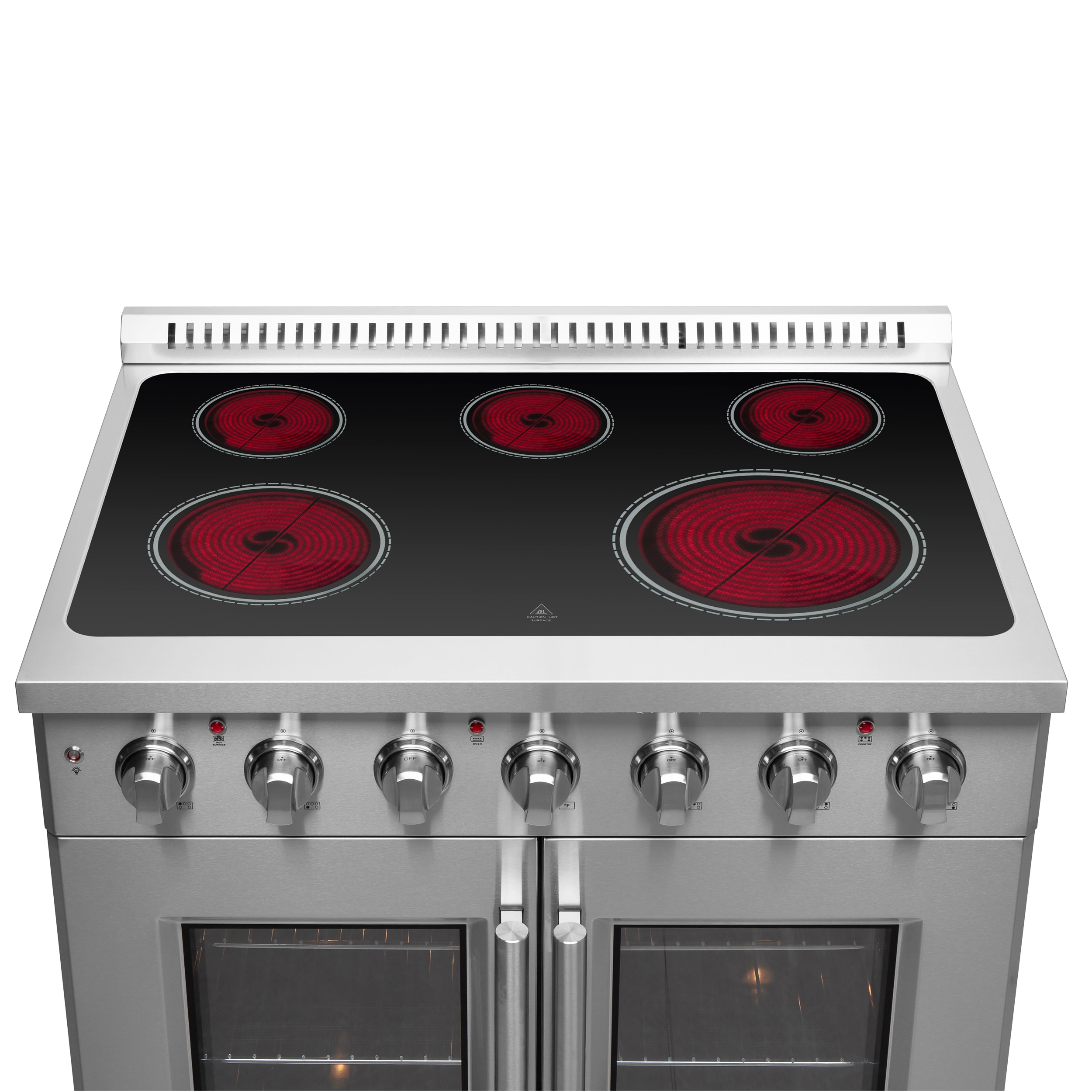 Horno Galiano con puertas francesas de titanio de 36 pulgadas, cubierta de vidrio, 5 quemadores, horno de convección con aire frito de 5.36 pies cúbicos, estufa eléctrica independiente de acero inoxidable (FFSEL6917-36)