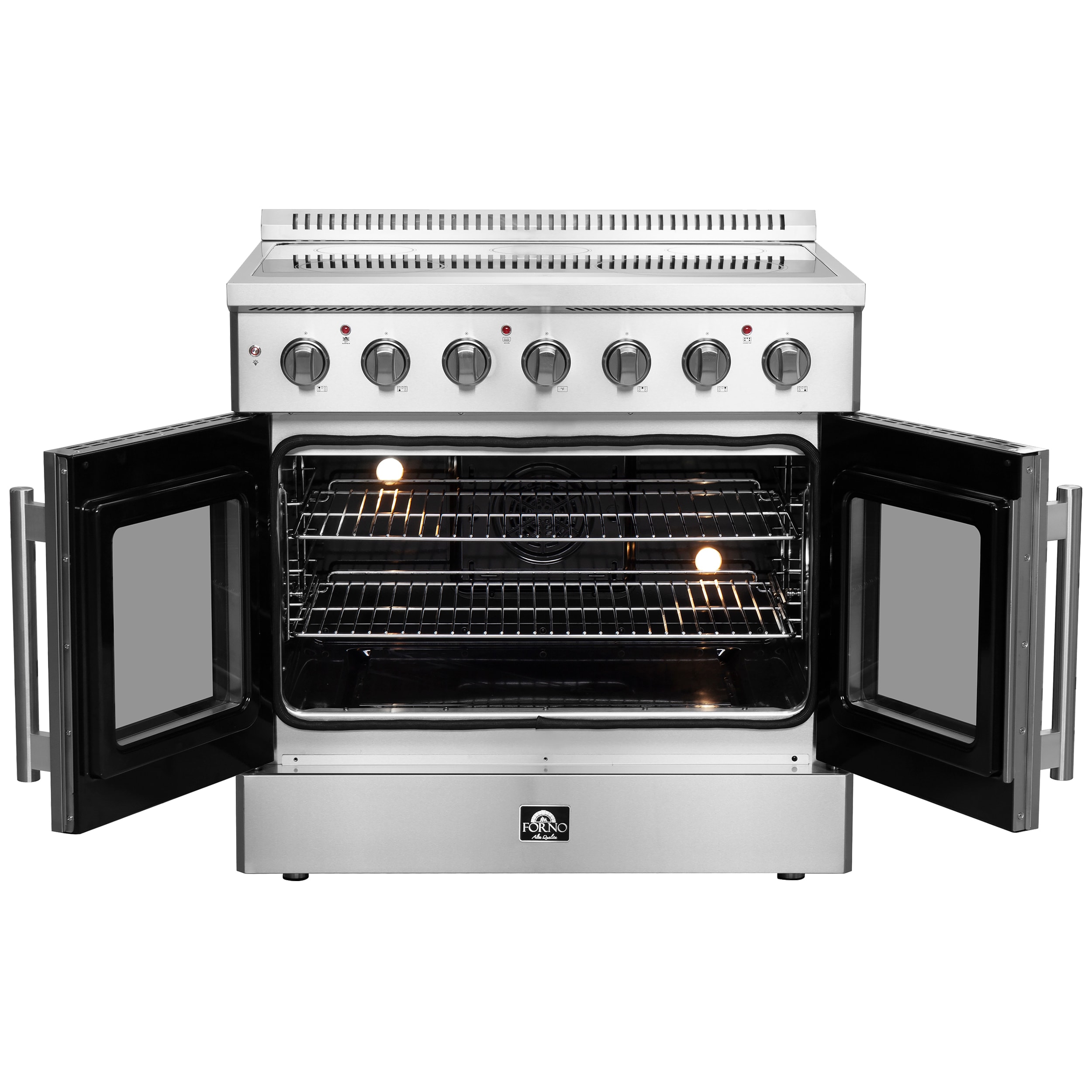 Horno Galiano con puertas francesas de titanio de 36 pulgadas, cubierta de vidrio, 5 quemadores, horno de convección con aire frito de 5.36 pies cúbicos, estufa eléctrica independiente de acero inoxidable (FFSEL6917-36)