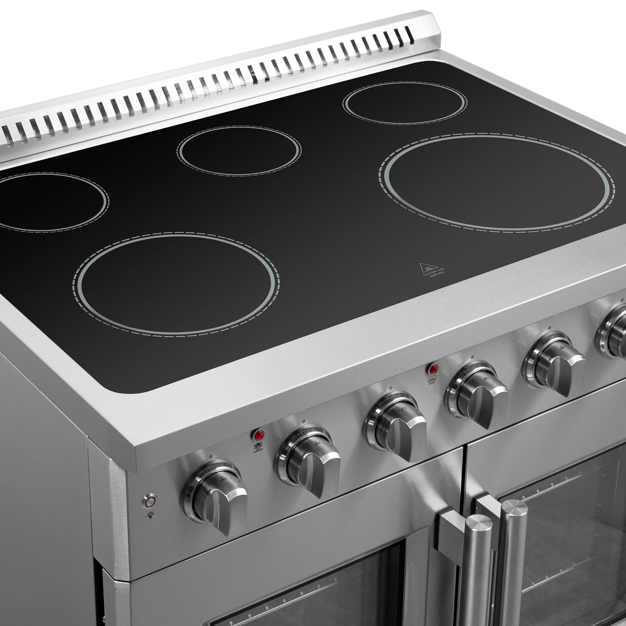 Horno Galiano con puertas francesas de titanio de 36 pulgadas, cubierta de vidrio, 5 quemadores, horno de convección con aire frito de 5.36 pies cúbicos, estufa eléctrica independiente de acero inoxidable (FFSEL6917-36)