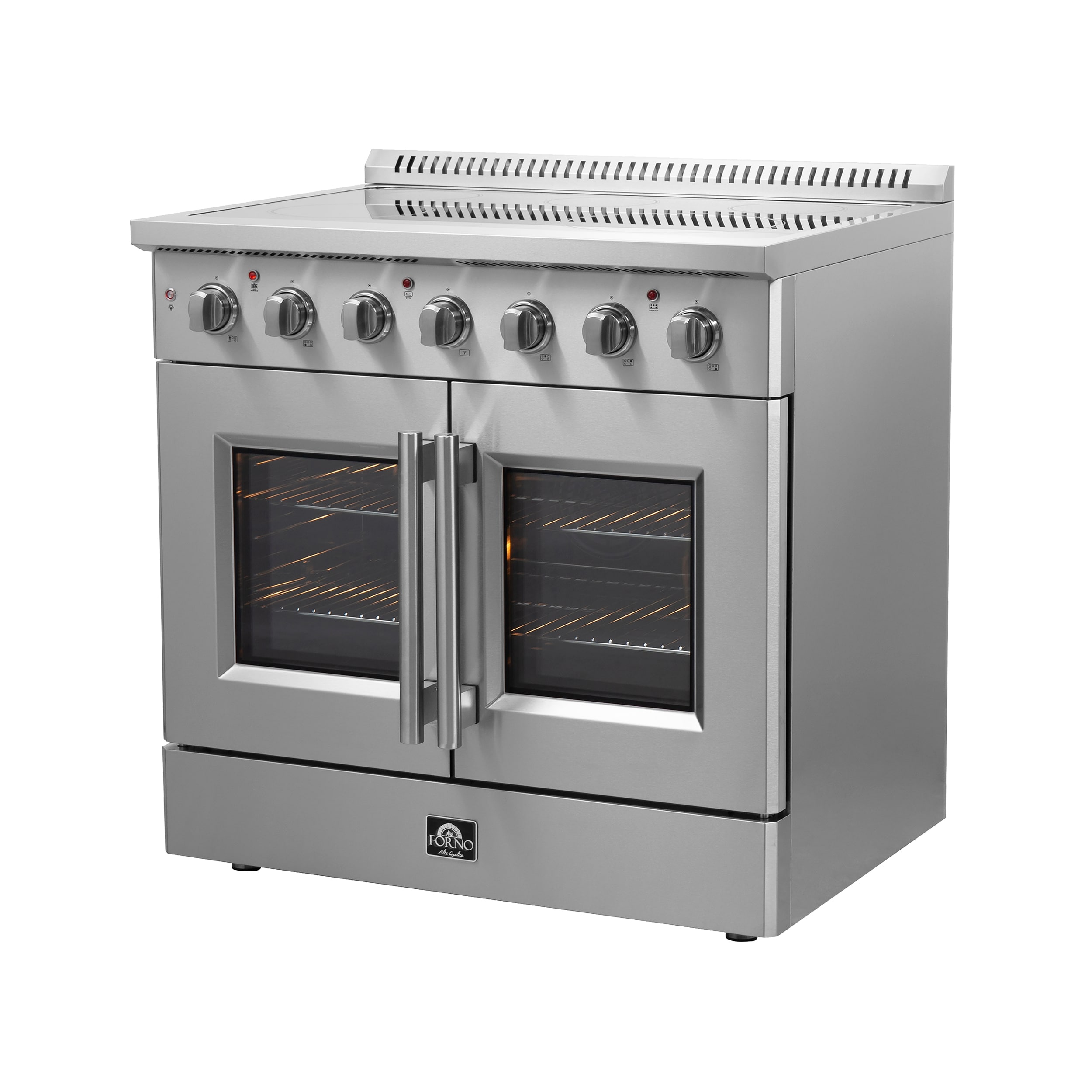 Horno Galiano con puertas francesas de titanio de 36 pulgadas, cubierta de vidrio, 5 quemadores, horno de convección con aire frito de 5.36 pies cúbicos, estufa eléctrica independiente de acero inoxidable (FFSEL6917-36)