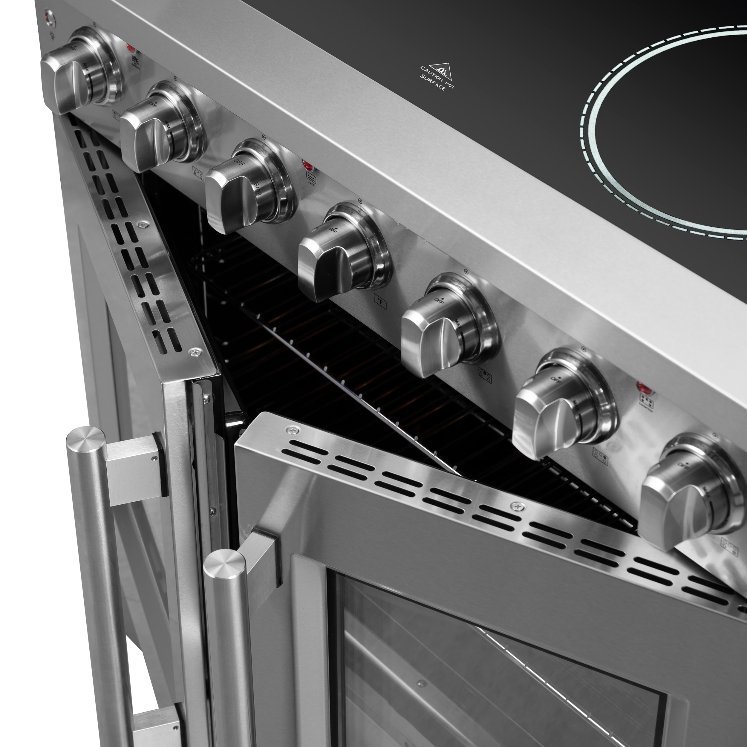 Horno Galiano con puertas francesas de titanio de 36 pulgadas, cubierta de vidrio, 5 quemadores, horno de convección con aire frito de 5.36 pies cúbicos, estufa eléctrica independiente de acero inoxidable (FFSEL6917-36)