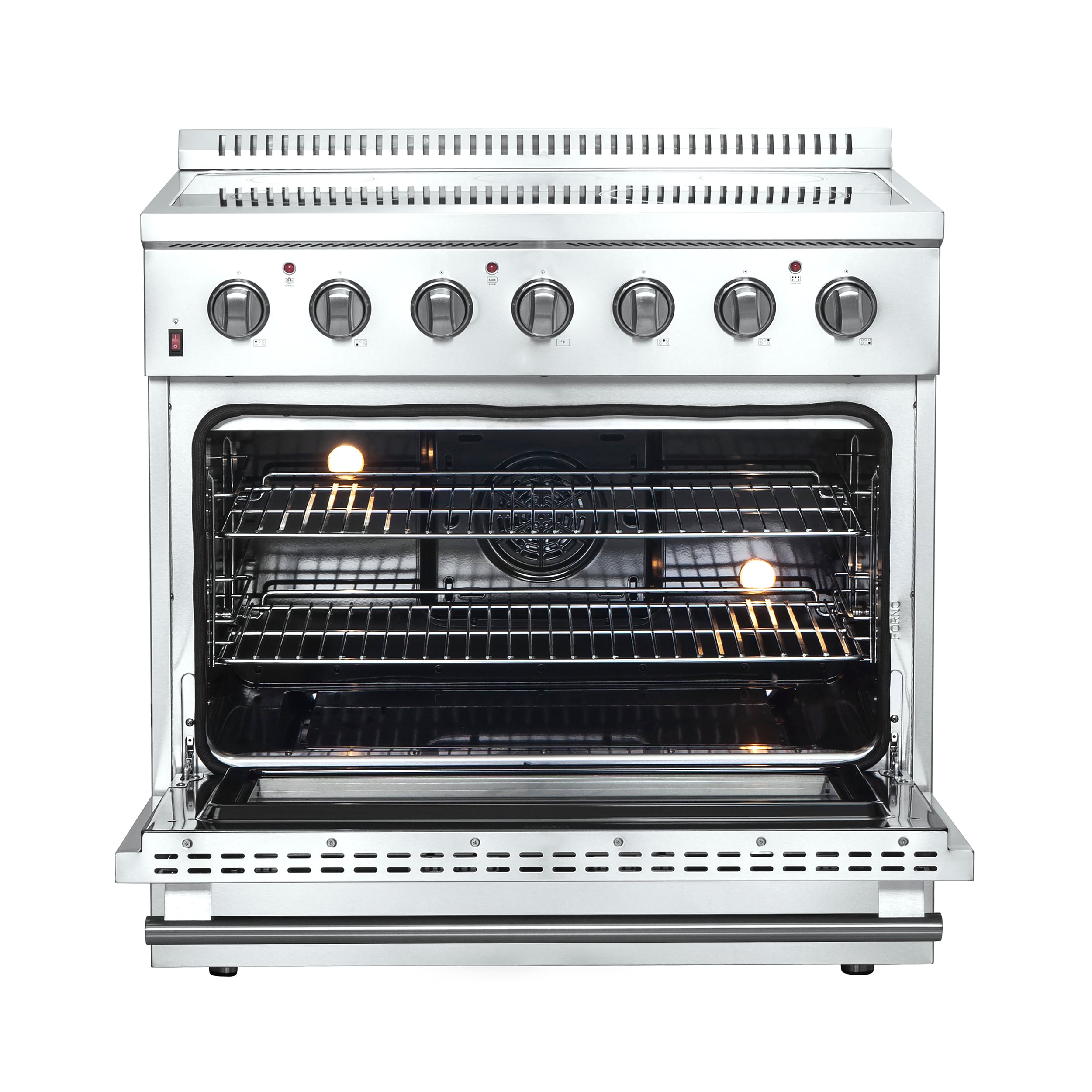 Estufa eléctrica independiente de vidrio con 5 quemadores y horno de convección por aire con freidora de aire FORNO Galiano Titanium de 36 pulgadas de acero inoxidable de 5.36 pies cúbicos.