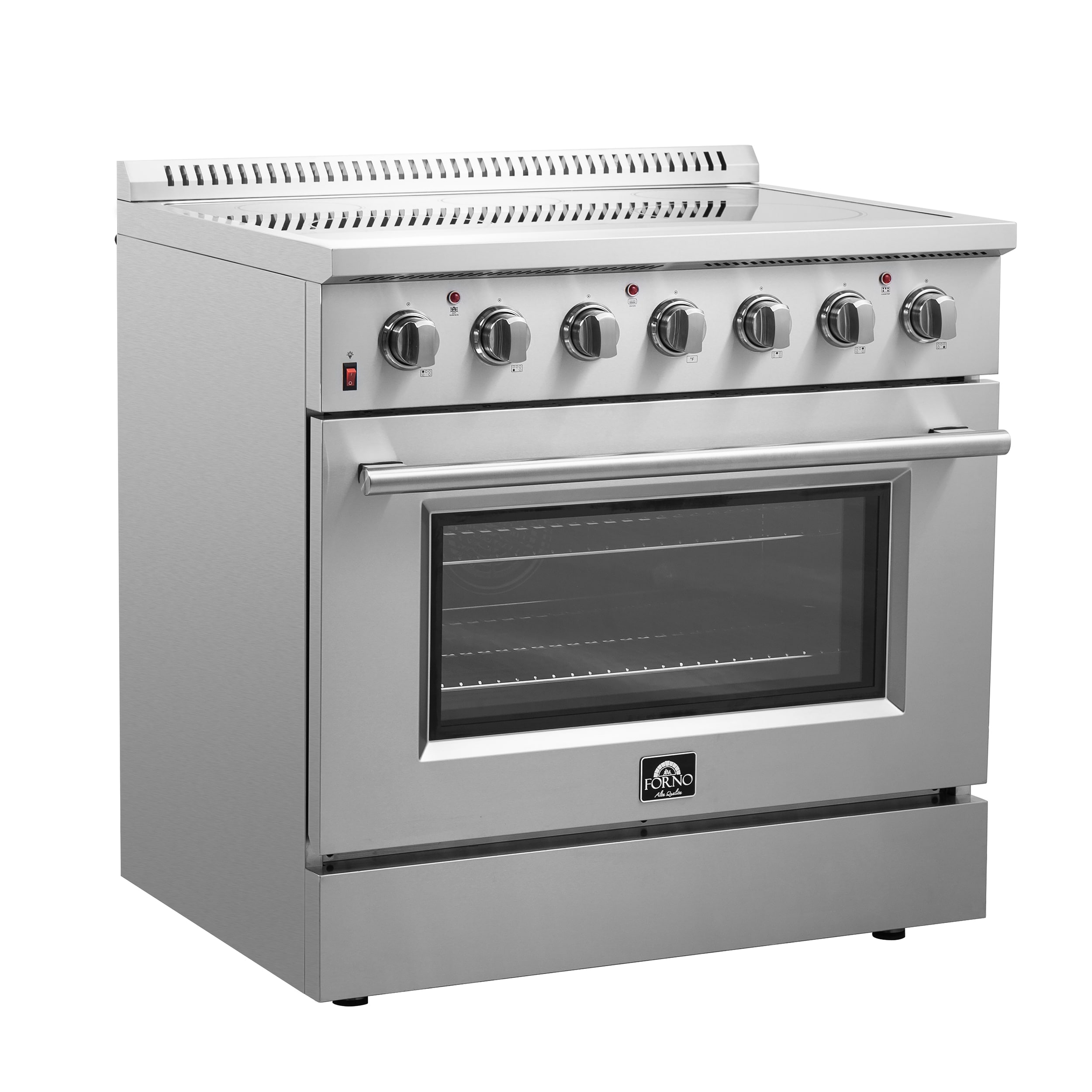 Estufa eléctrica independiente de vidrio con 5 quemadores y horno de convección por aire con freidora de aire FORNO Galiano Titanium de 36 pulgadas de acero inoxidable de 5.36 pies cúbicos.