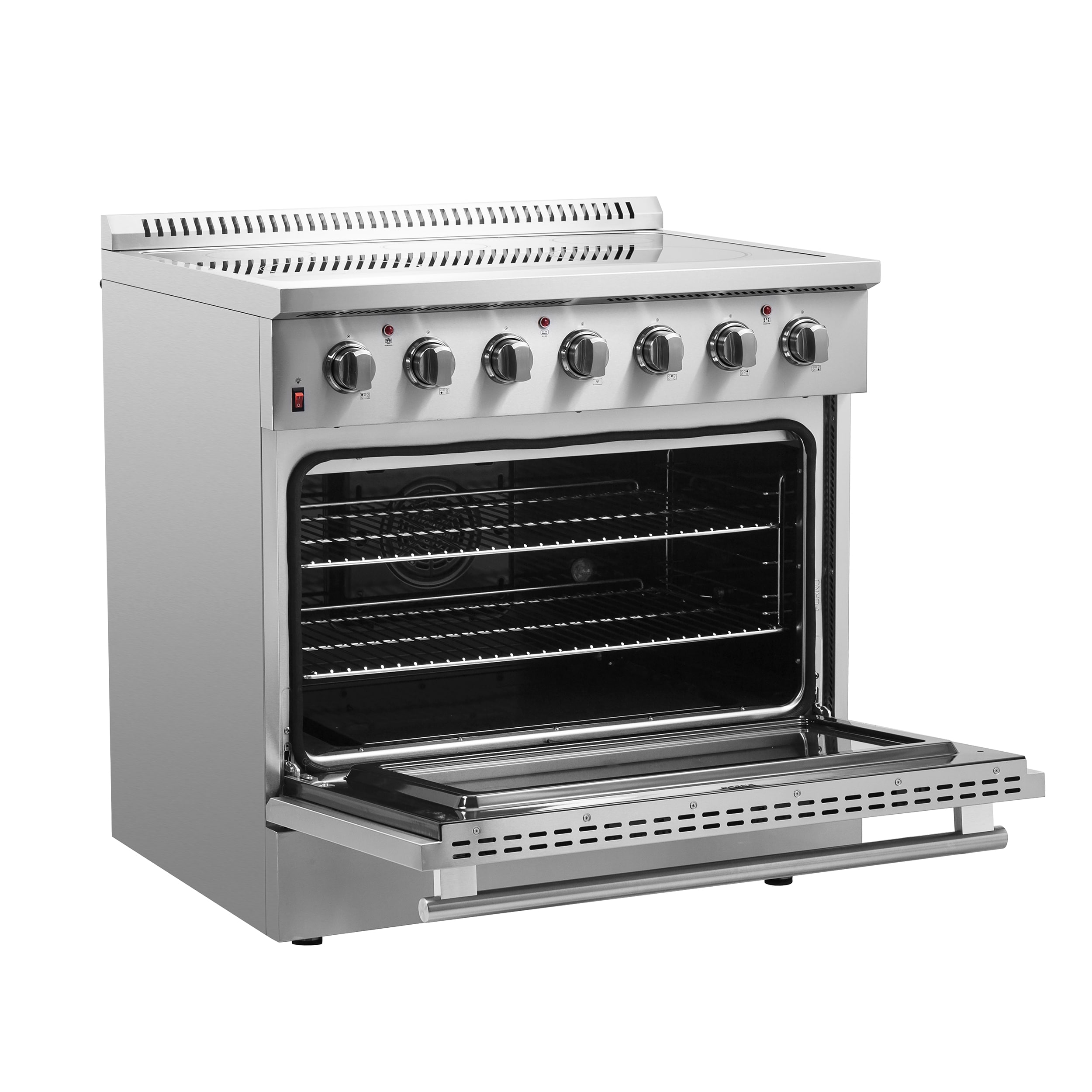 Estufa eléctrica independiente de vidrio con 5 quemadores y horno de convección por aire con freidora de aire FORNO Galiano Titanium de 36 pulgadas de acero inoxidable de 5.36 pies cúbicos.