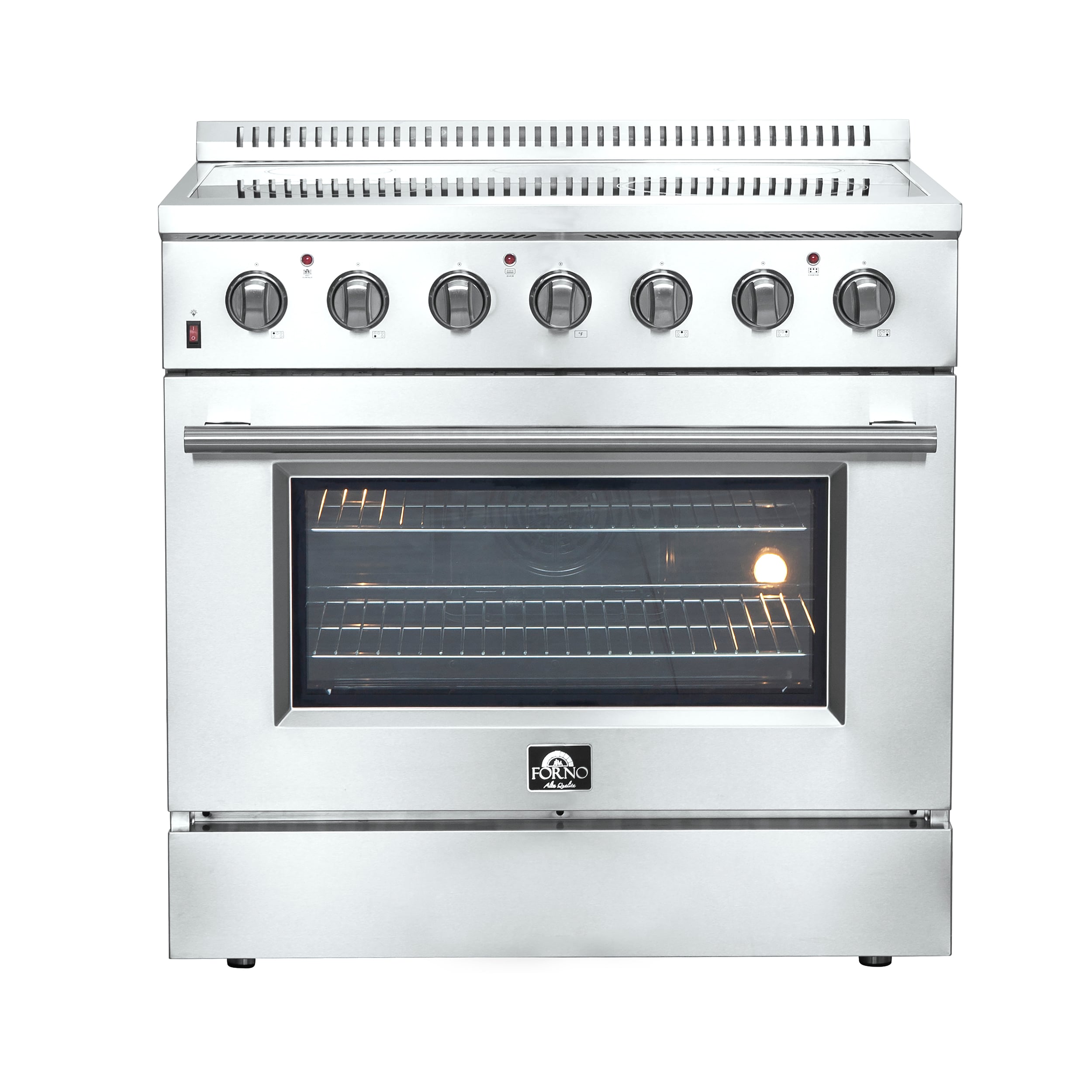 Estufa eléctrica independiente de vidrio con 5 quemadores y horno de convección por aire con freidora de aire FORNO Galiano Titanium de 36 pulgadas de acero inoxidable de 5.36 pies cúbicos.