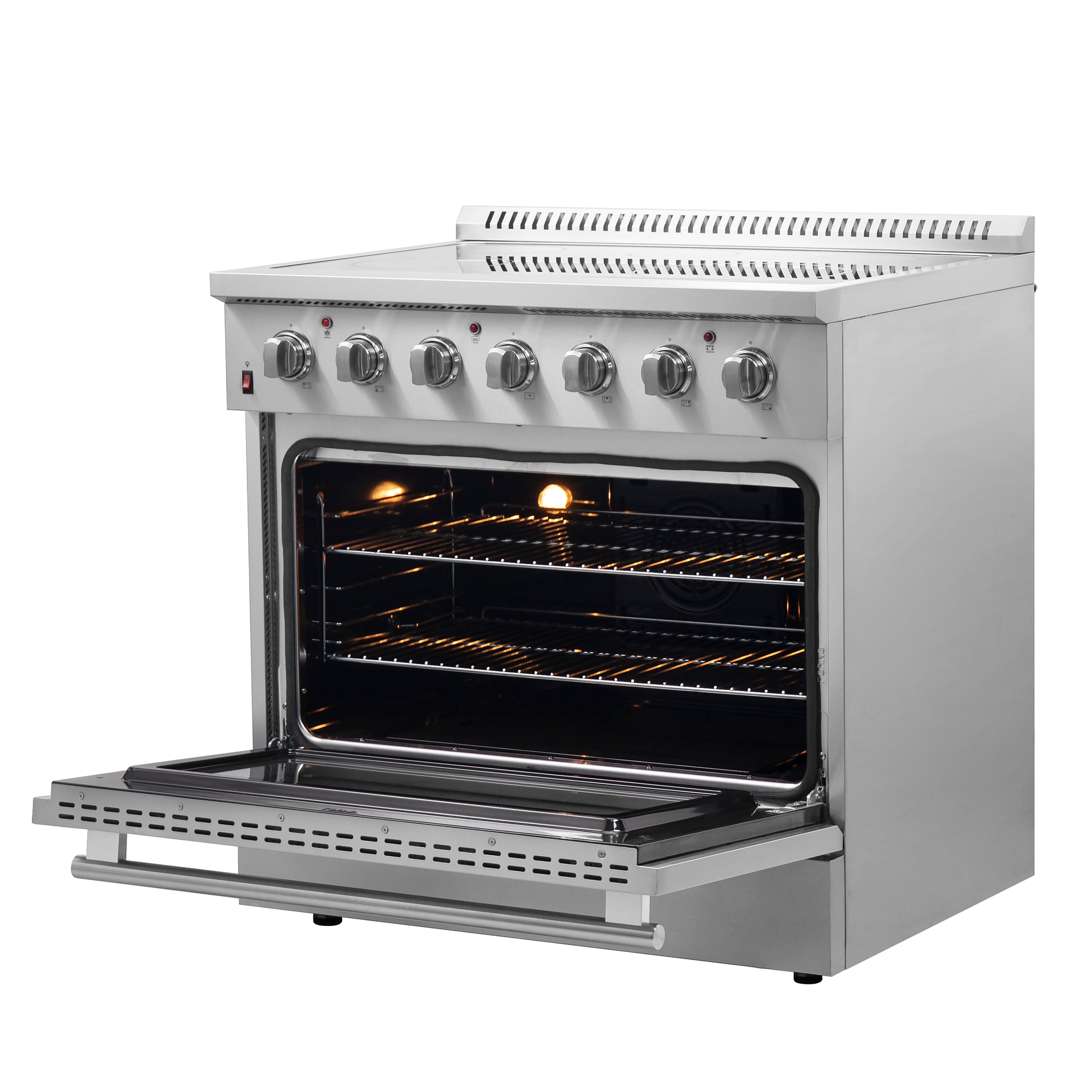 Estufa eléctrica independiente de vidrio con 5 quemadores y horno de convección por aire con freidora de aire FORNO Galiano Titanium de 36 pulgadas de acero inoxidable de 5.36 pies cúbicos.