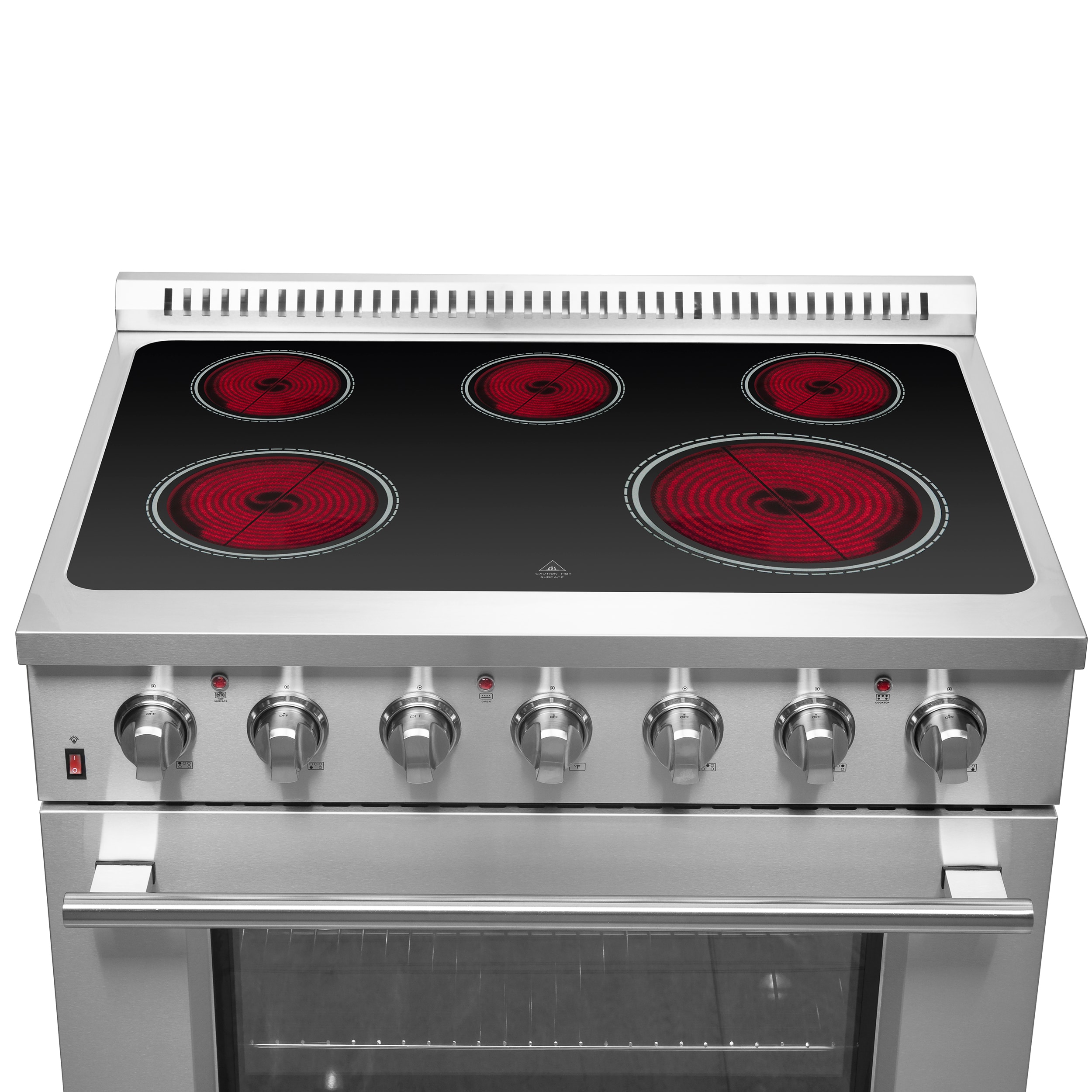 Estufa eléctrica independiente de vidrio con 5 quemadores y horno de convección por aire con freidora de aire FORNO Galiano Titanium de 36 pulgadas de acero inoxidable de 5.36 pies cúbicos.