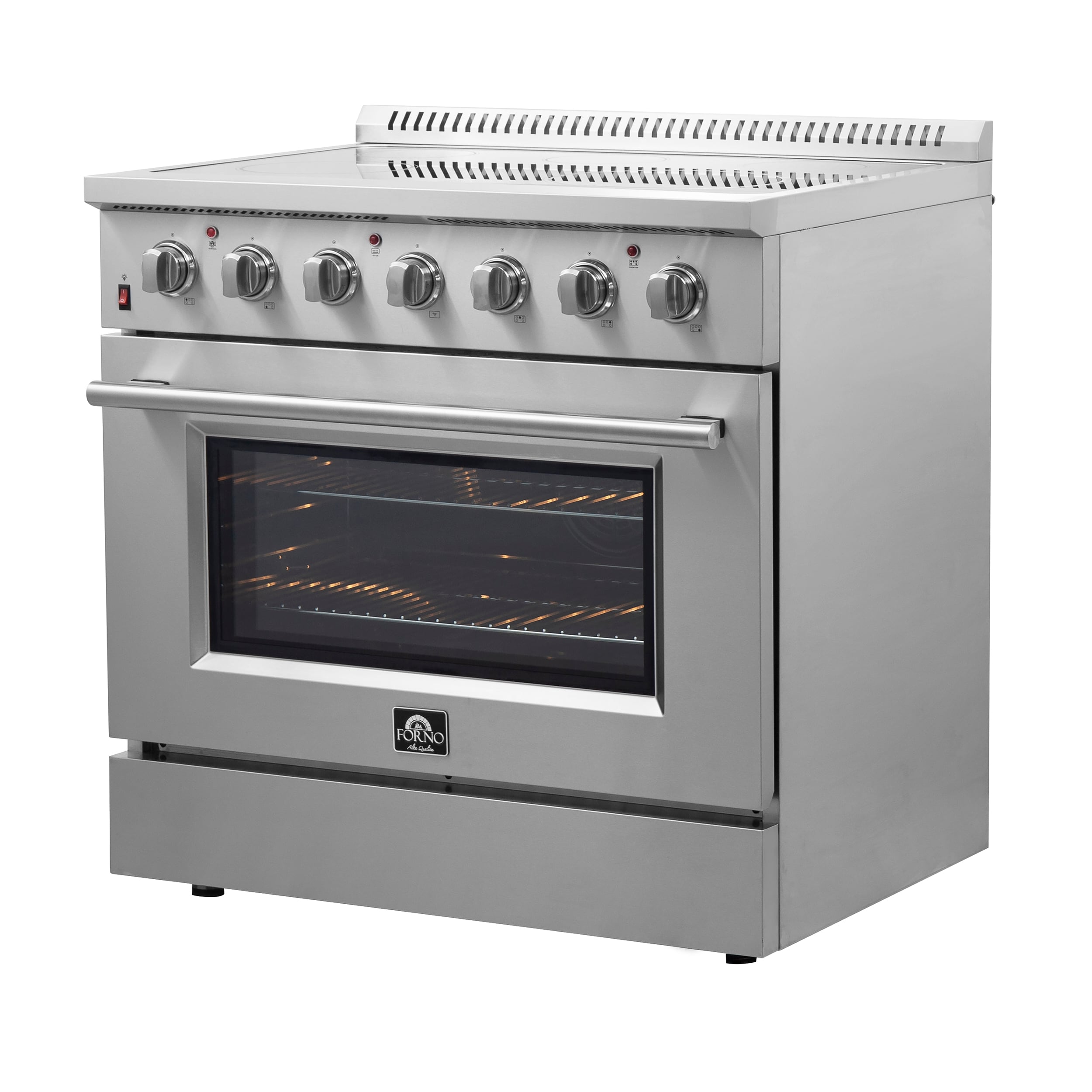 Estufa eléctrica independiente de vidrio con 5 quemadores y horno de convección por aire con freidora de aire FORNO Galiano Titanium de 36 pulgadas de acero inoxidable de 5.36 pies cúbicos.