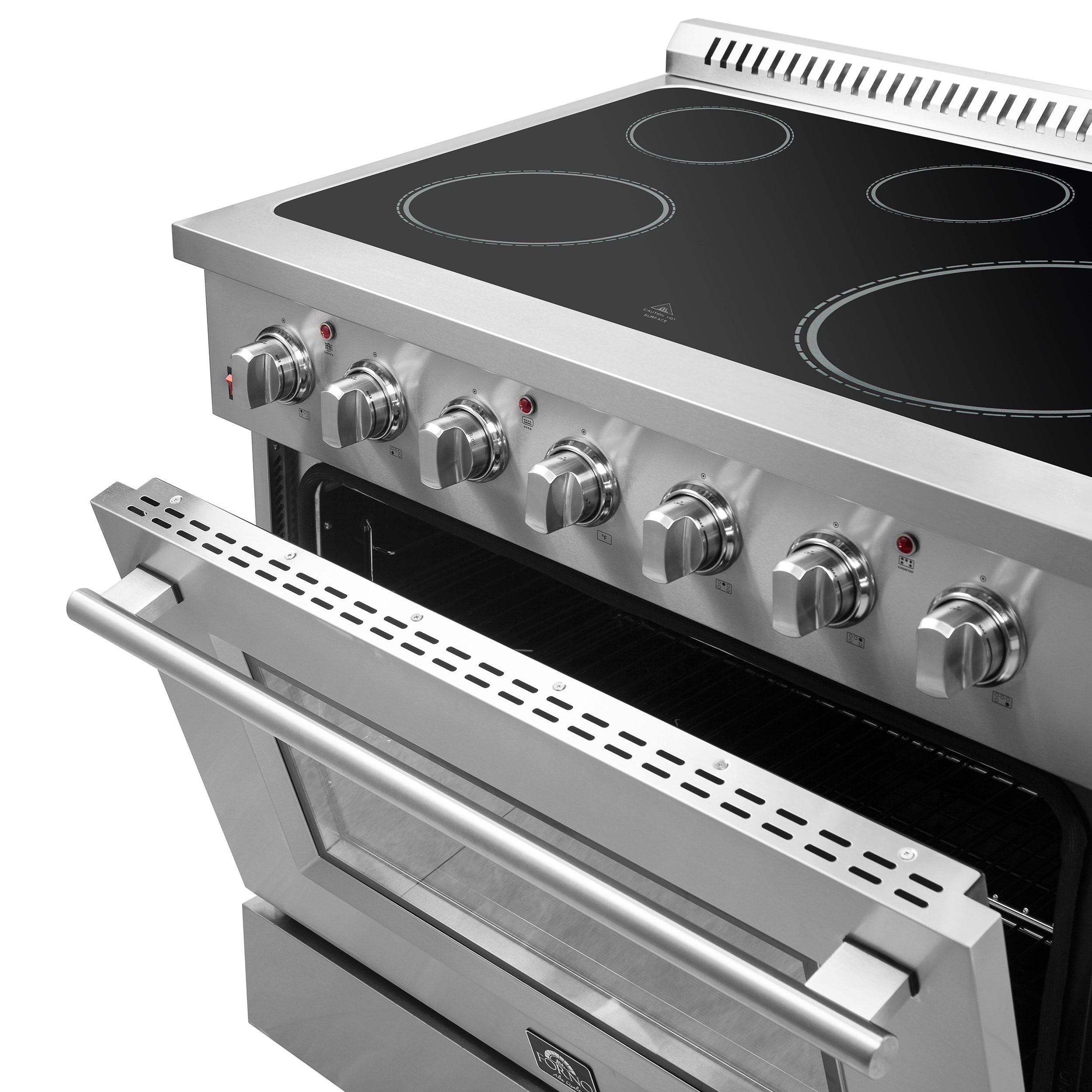 Estufa eléctrica independiente de vidrio con 5 quemadores y horno de convección por aire con freidora de aire FORNO Galiano Titanium de 36 pulgadas de acero inoxidable de 5.36 pies cúbicos.