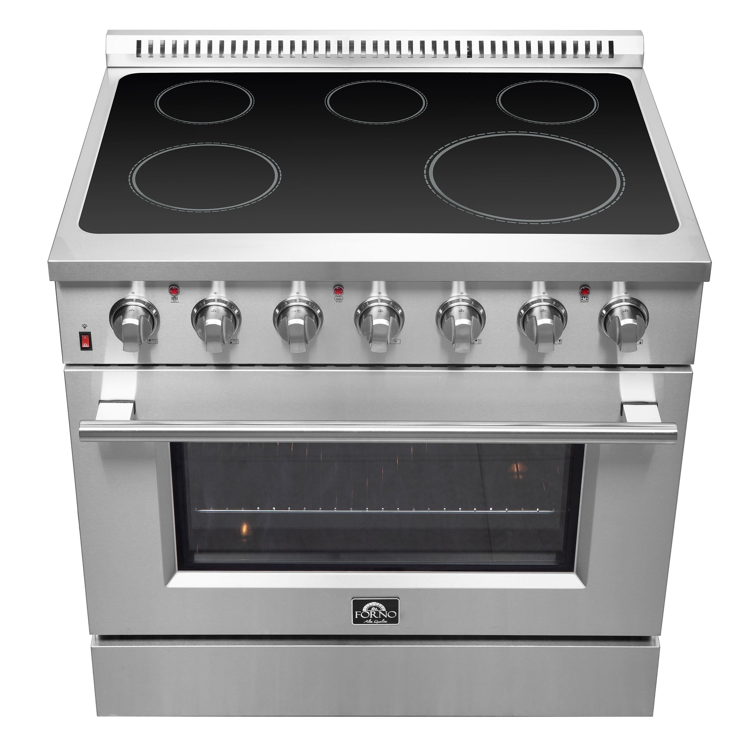 Estufa eléctrica independiente de vidrio con 5 quemadores y horno de convección por aire con freidora de aire FORNO Galiano Titanium de 36 pulgadas de acero inoxidable de 5.36 pies cúbicos.