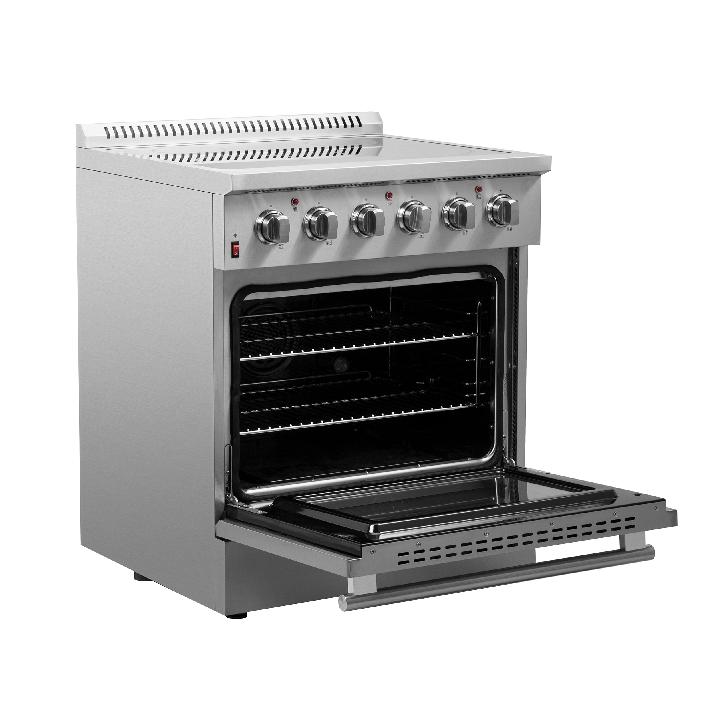 Cocina eléctrica independiente con horno de convección de freír al aire y quemadores de vidrio superior de 30 pulgadas y acero inoxidable Galiano Titanium de FORNO (FFSEL6083-30)