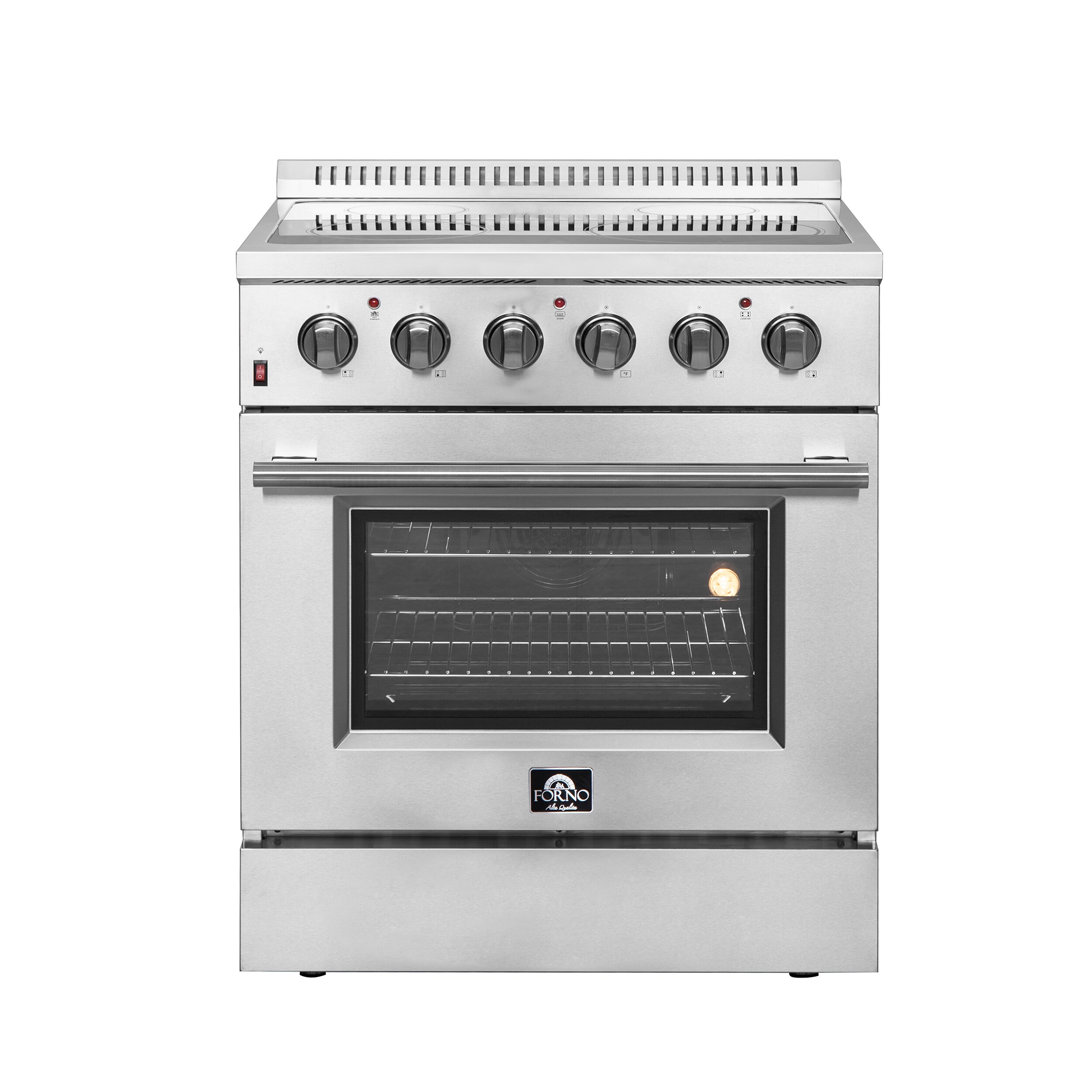 Cocina eléctrica independiente con horno de convección de freír al aire y quemadores de vidrio superior de 30 pulgadas y acero inoxidable Galiano Titanium de FORNO (FFSEL6083-30)