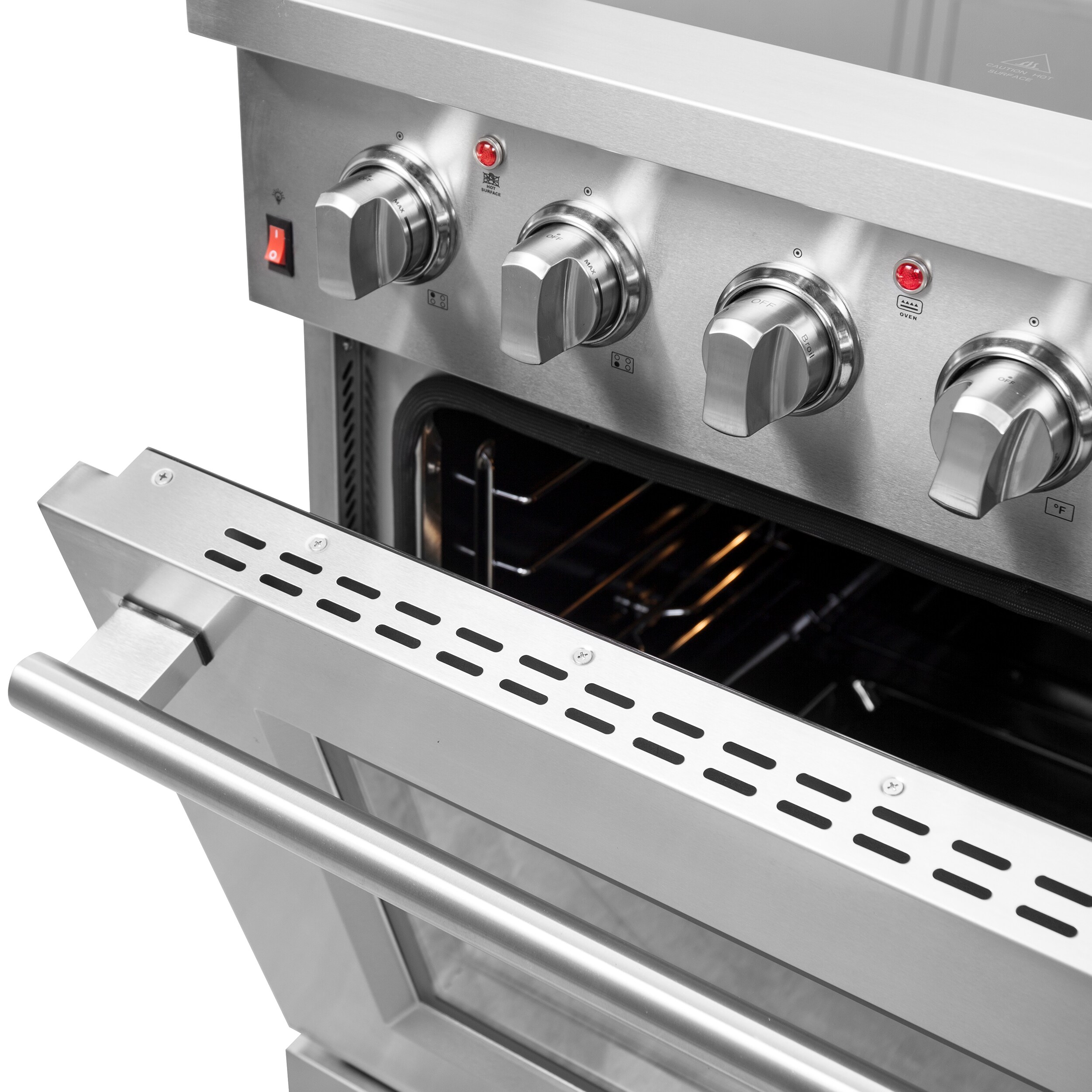 Cocina eléctrica independiente con horno de convección de freír al aire y quemadores de vidrio superior de 30 pulgadas y acero inoxidable Galiano Titanium de FORNO (FFSEL6083-30)
