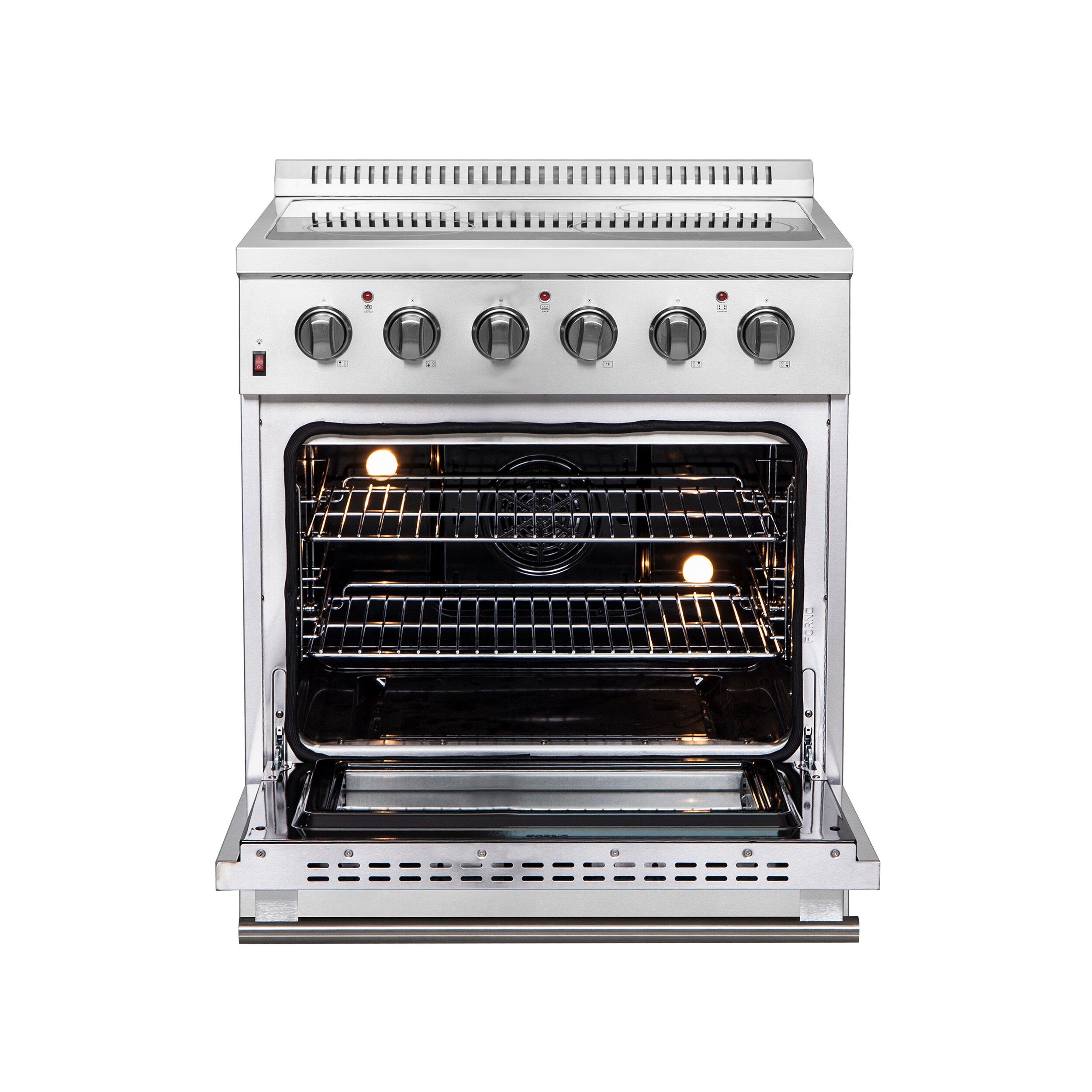 Cocina eléctrica independiente con horno de convección de freír al aire y quemadores de vidrio superior de 30 pulgadas y acero inoxidable Galiano Titanium de FORNO (FFSEL6083-30)