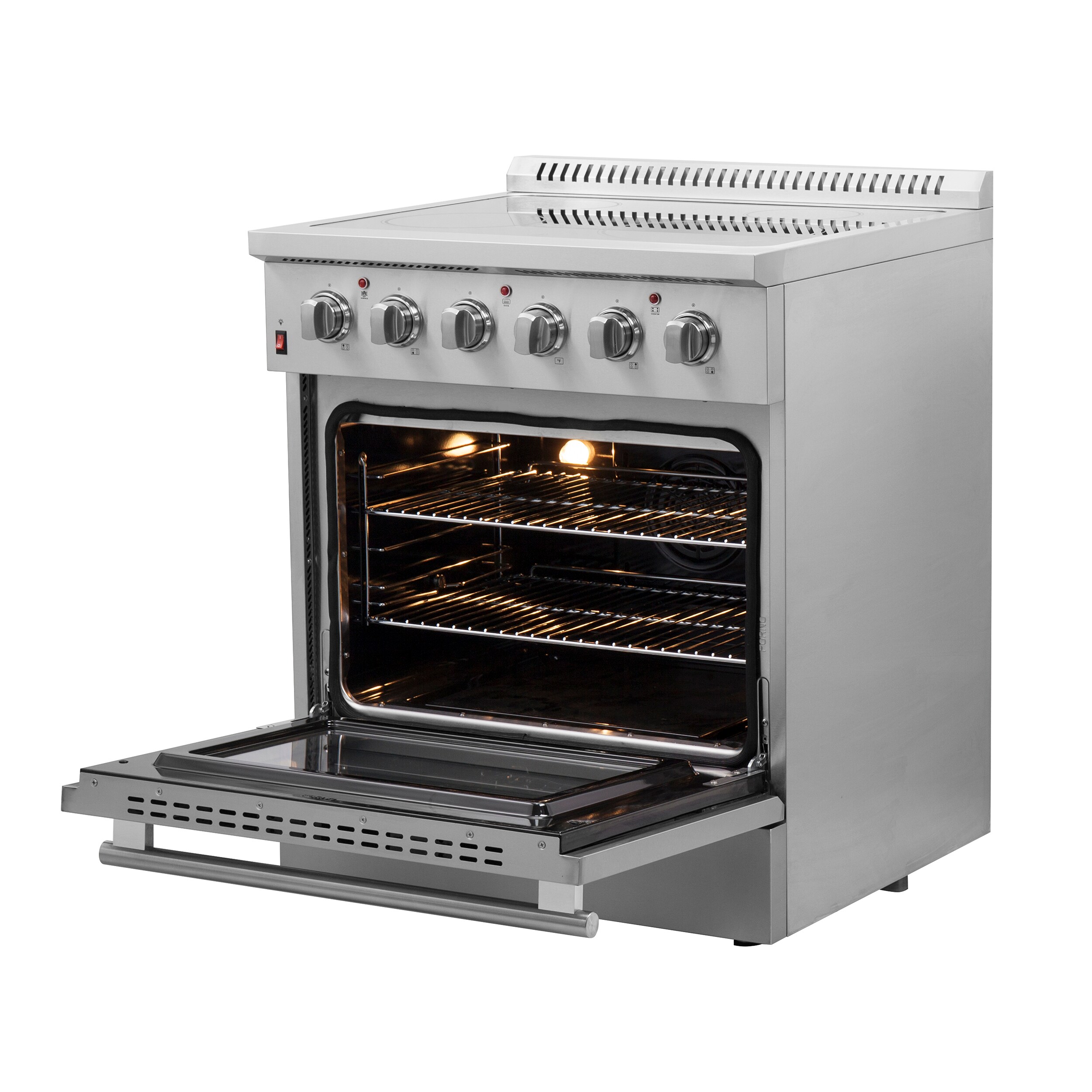 Cocina eléctrica independiente con horno de convección de freír al aire y quemadores de vidrio superior de 30 pulgadas y acero inoxidable Galiano Titanium de FORNO (FFSEL6083-30)