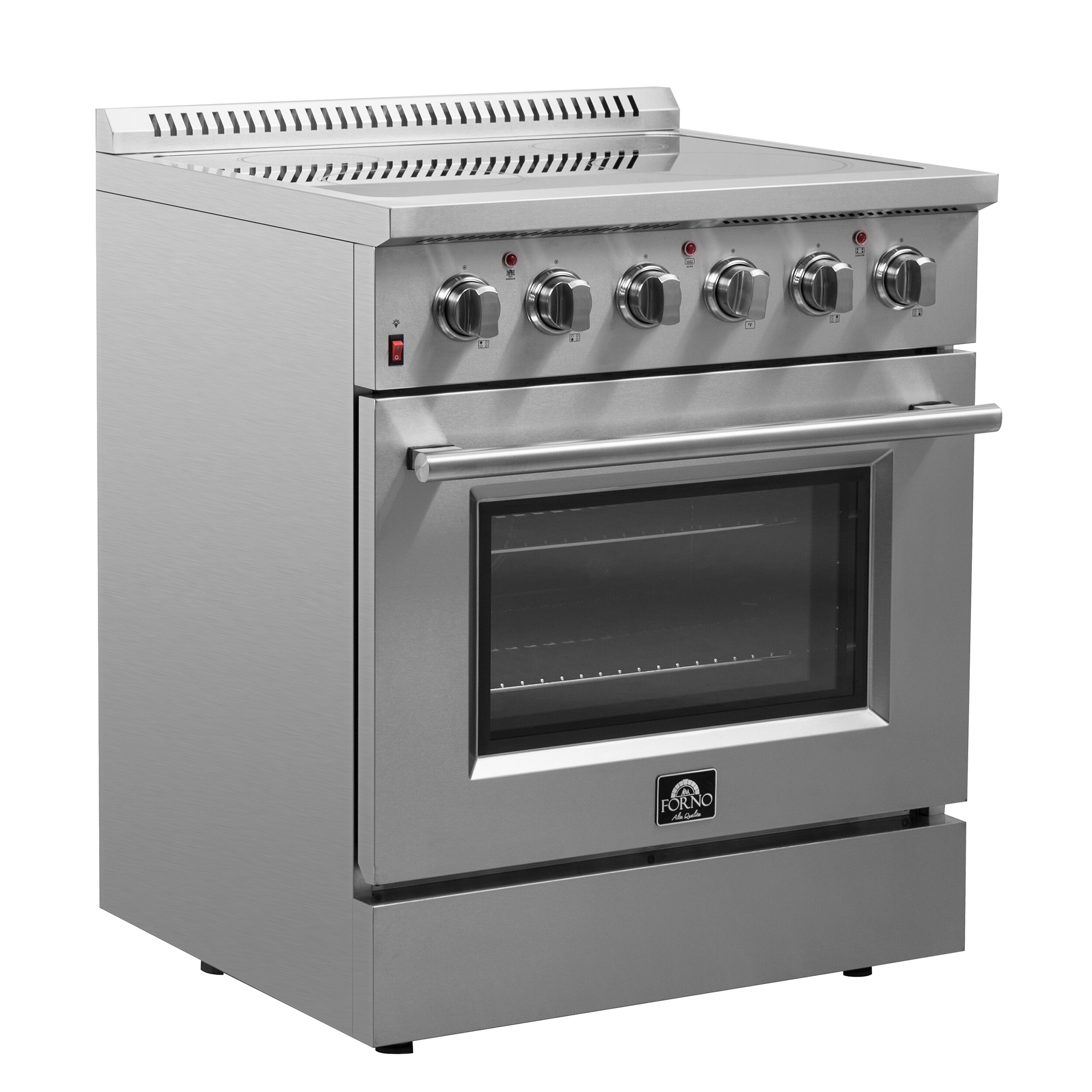 Cocina eléctrica independiente con horno de convección de freír al aire y quemadores de vidrio superior de 30 pulgadas y acero inoxidable Galiano Titanium de FORNO (FFSEL6083-30)