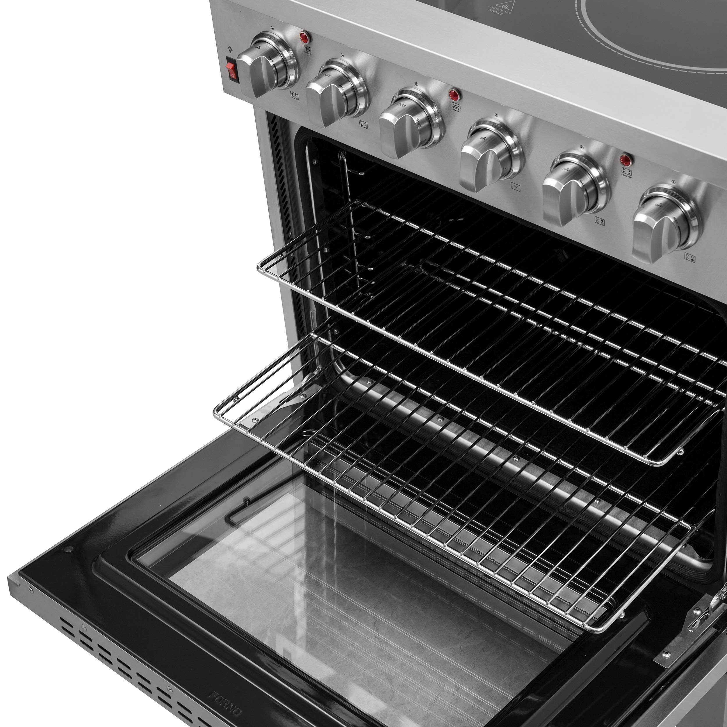 Cocina eléctrica independiente con horno de convección de freír al aire y quemadores de vidrio superior de 30 pulgadas y acero inoxidable Galiano Titanium de FORNO (FFSEL6083-30)