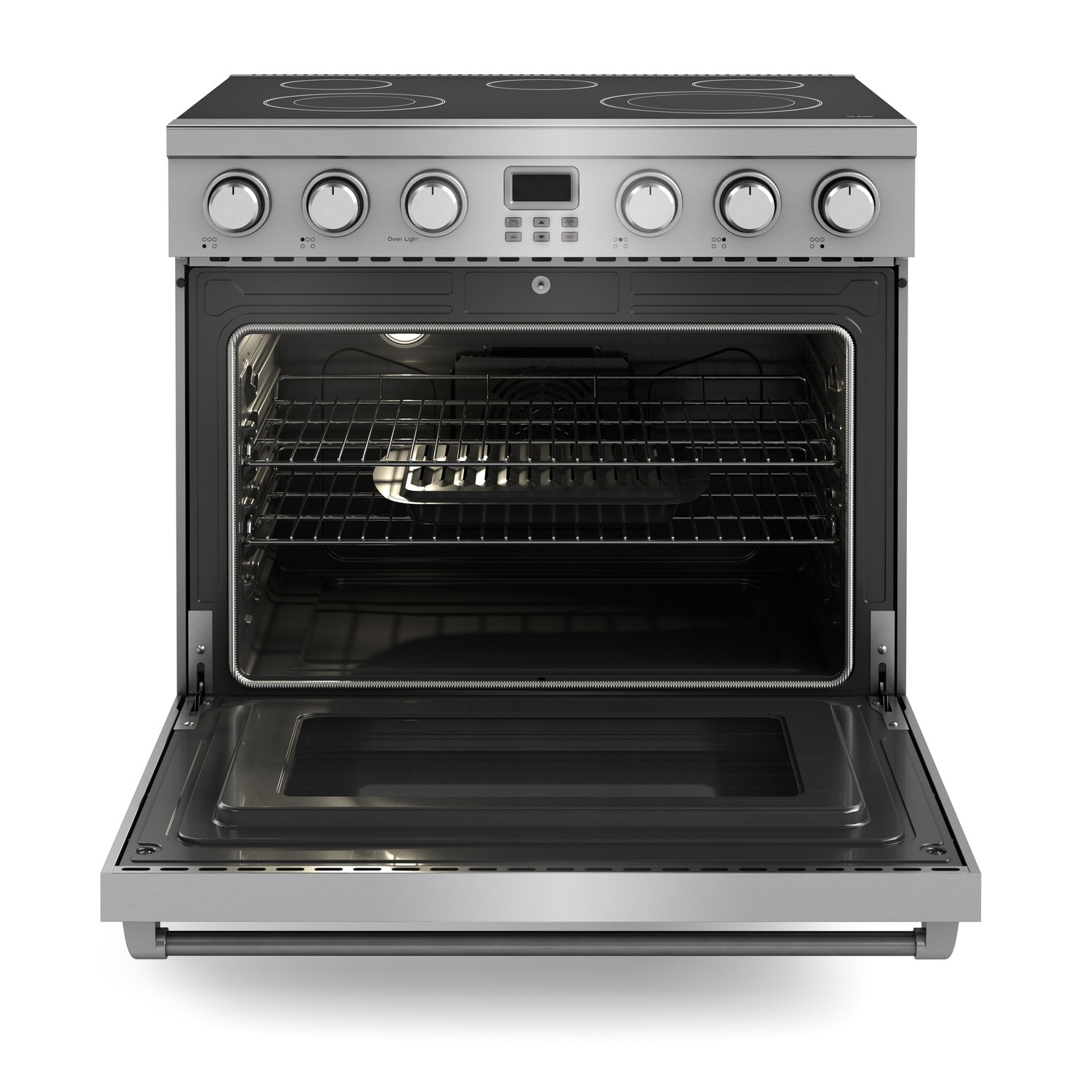Estufa eléctrica independiente con horno de convección de 6 pies cúbicos y 5 quemadores con tapa de vidrio de 36 pulgadas de acero inoxidable