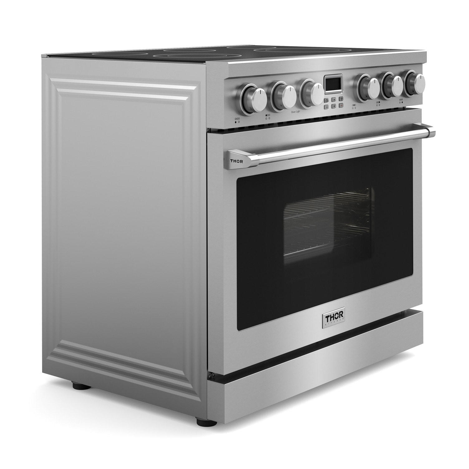 Estufa eléctrica independiente con horno de convección de 6 pies cúbicos y 5 quemadores con tapa de vidrio de 36 pulgadas de acero inoxidable