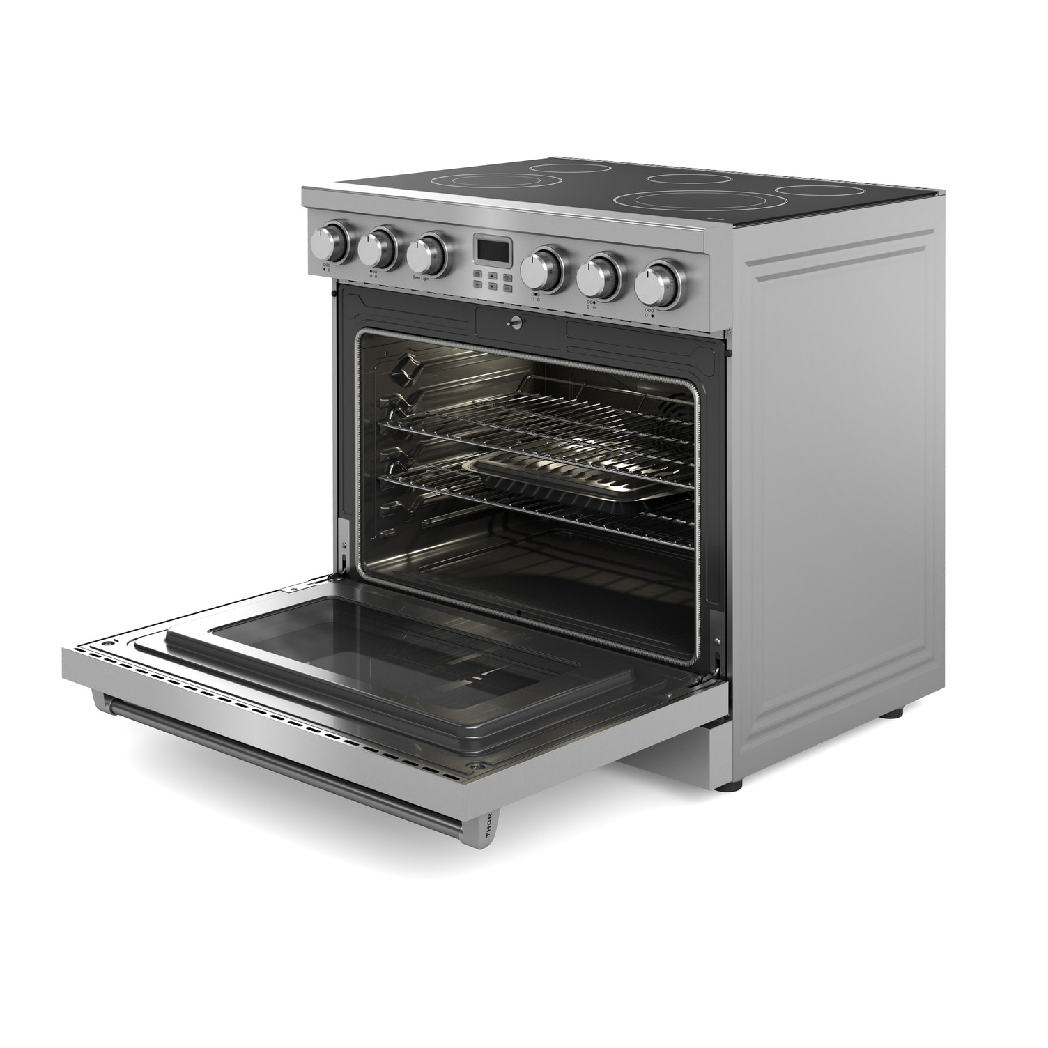 Estufa eléctrica independiente con horno de convección de 6 pies cúbicos y 5 quemadores con tapa de vidrio de 36 pulgadas de acero inoxidable