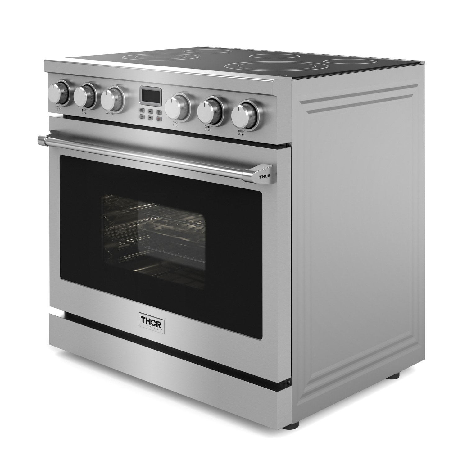 Estufa eléctrica independiente con horno de convección de 6 pies cúbicos y 5 quemadores con tapa de vidrio de 36 pulgadas de acero inoxidable