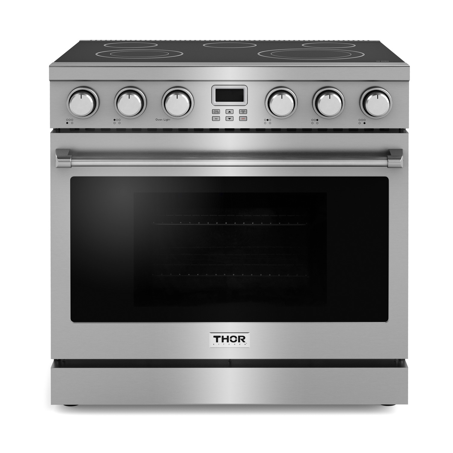Estufa eléctrica independiente con horno de convección de 6 pies cúbicos y 5 quemadores con tapa de vidrio de 36 pulgadas de acero inoxidable