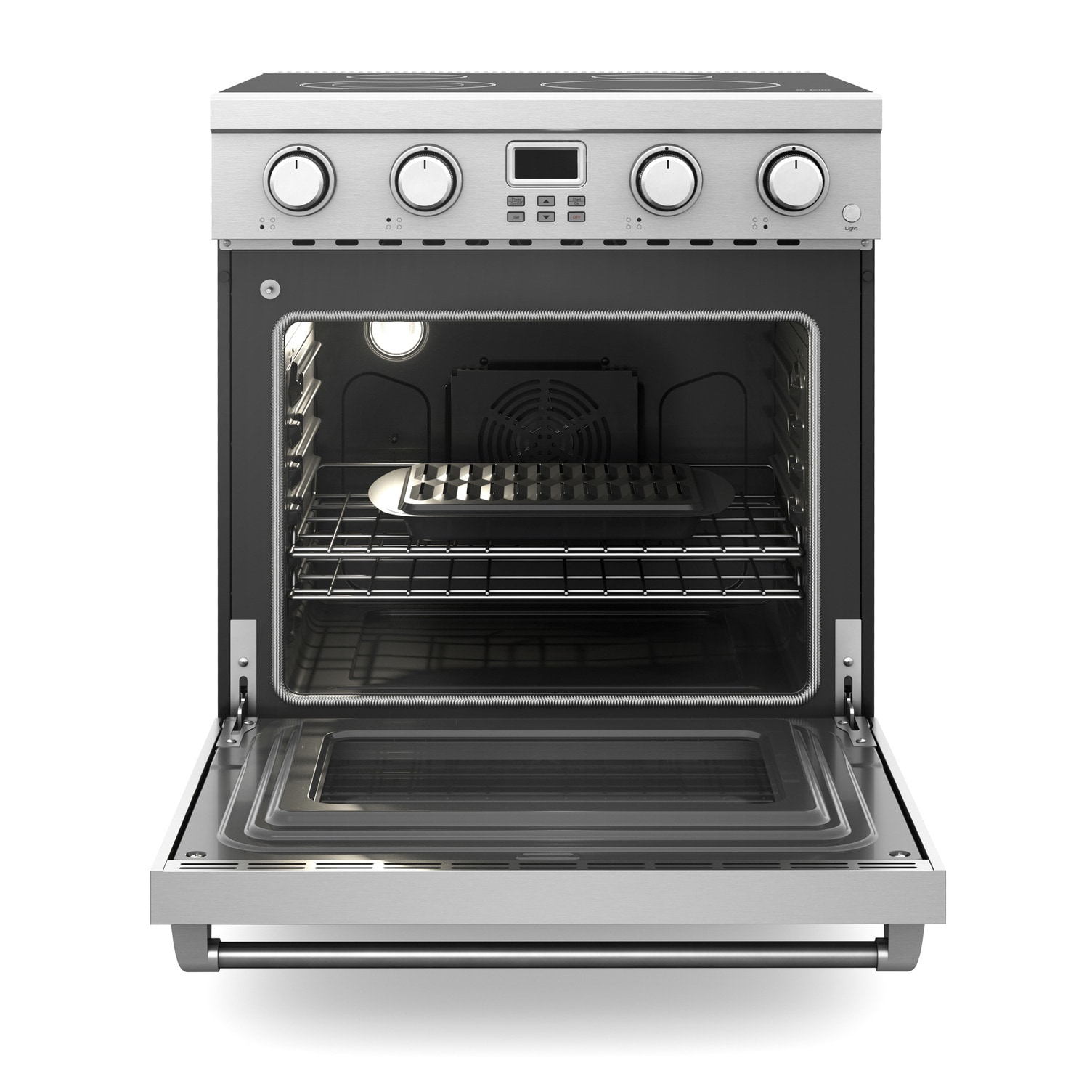 Estufa eléctrica independiente con horno de convección de 4.8 pies cúbicos, 4 quemadores y superficie de vidrio de 30 pulgadas en acero inoxidable