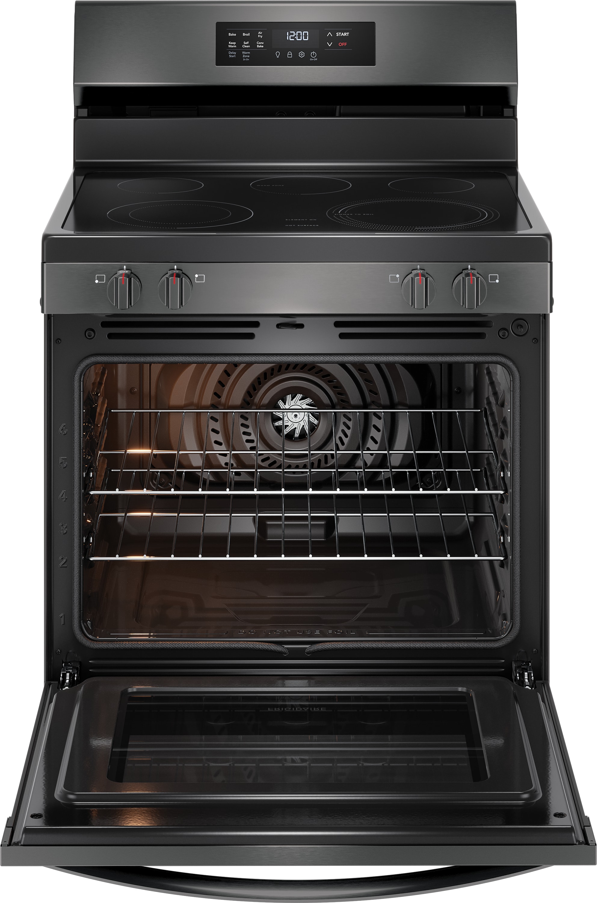 Estufa eléctrica independiente con horno de convección de aire frito y 5 quemadores de vidrio de 30 pulgadas - Acero inoxidable negro.