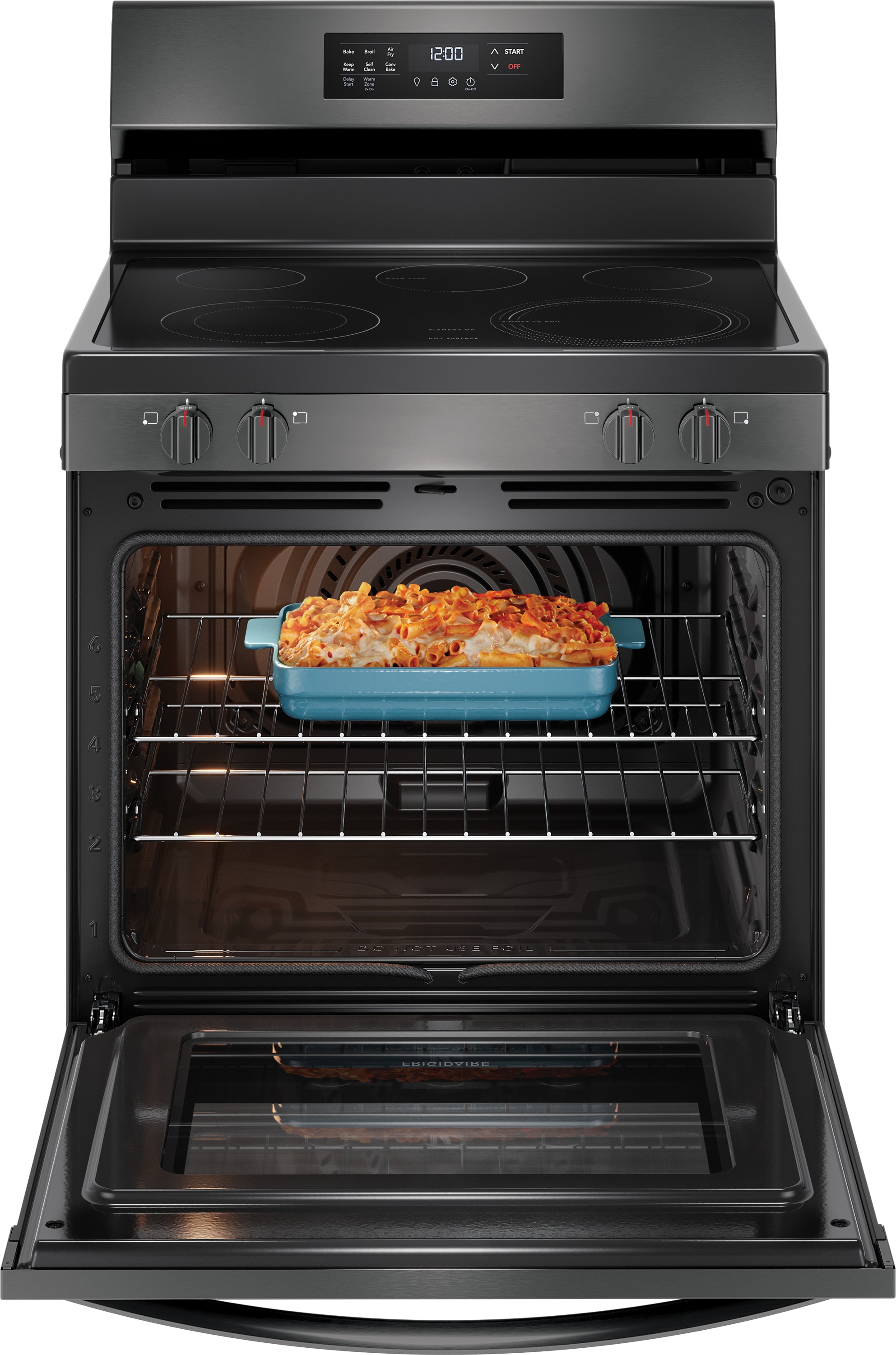 Estufa eléctrica independiente con horno de convección de aire frito y 5 quemadores de vidrio de 30 pulgadas - Acero inoxidable negro.