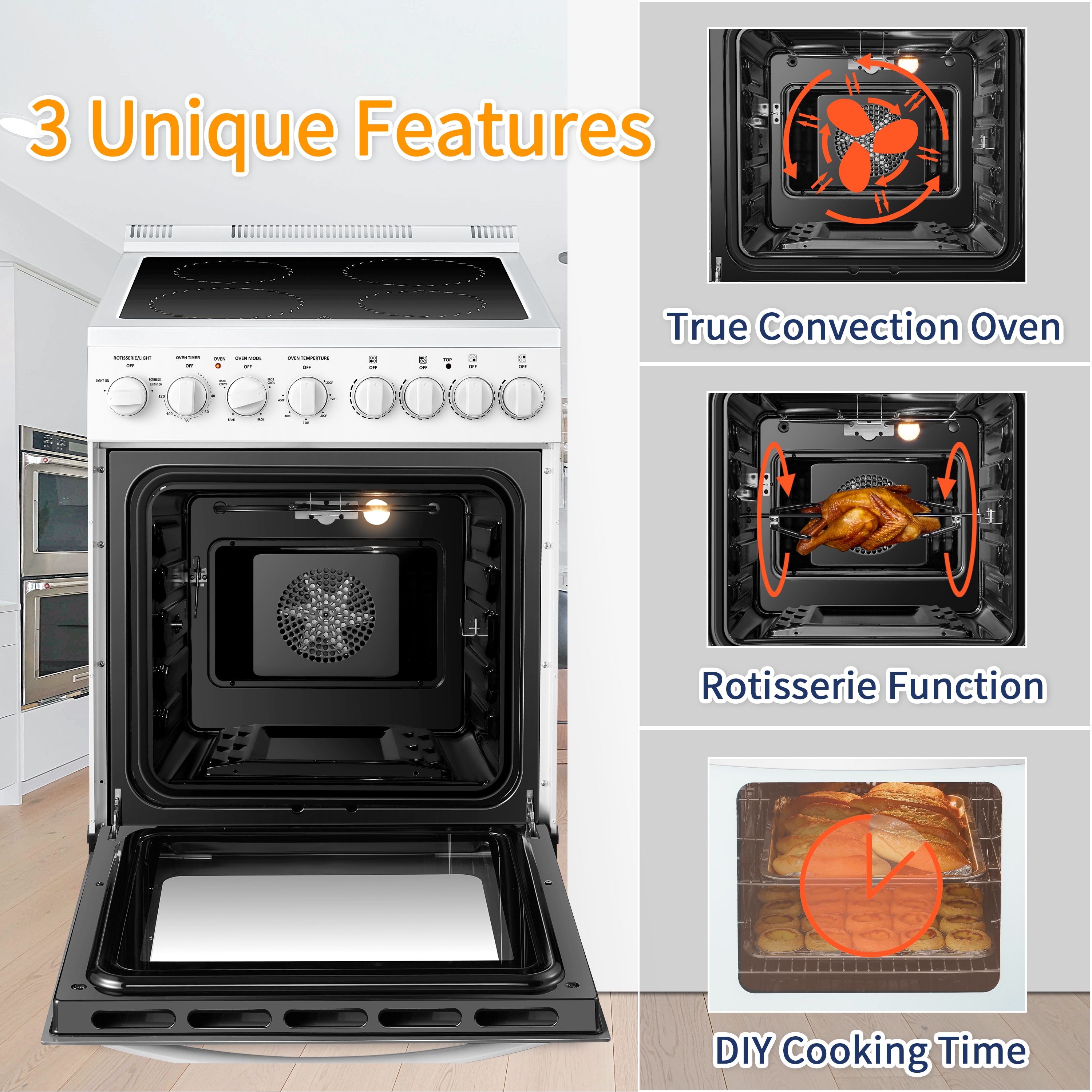 Estufa eléctrica independiente con horno de convección de 2.9 pies cúbicos y 4 quemadores, parte superior de vidrio de 24 pulgadas en color blanco.