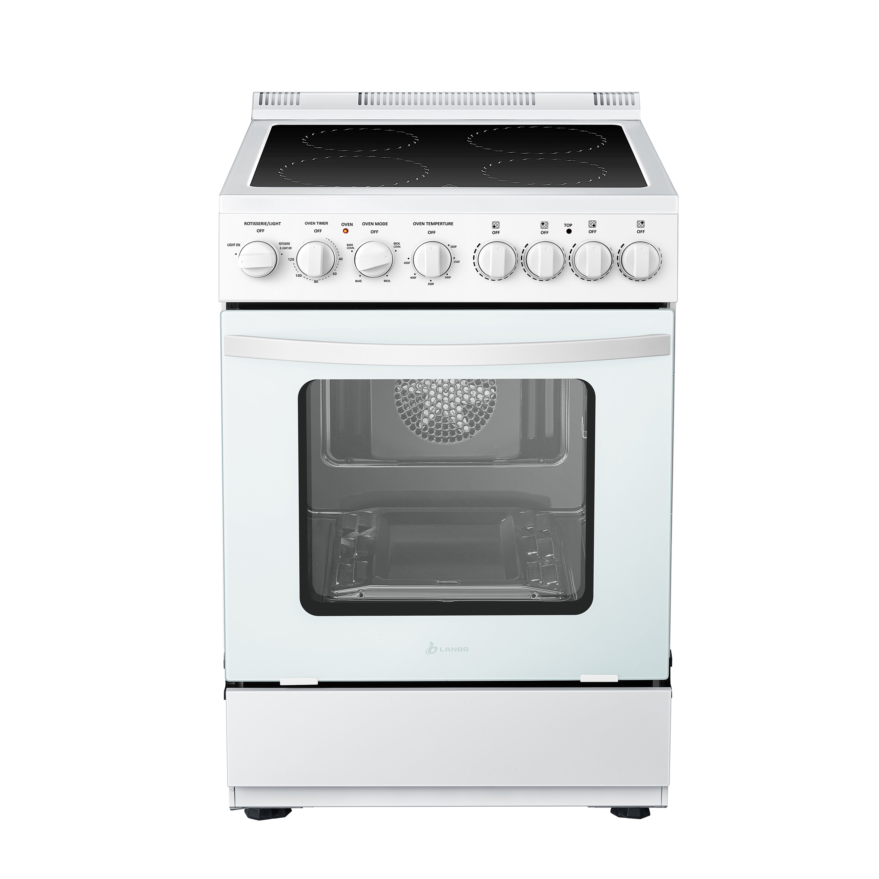 Estufa eléctrica independiente con horno de convección de 2.9 pies cúbicos y 4 quemadores, parte superior de vidrio de 24 pulgadas en color blanco.