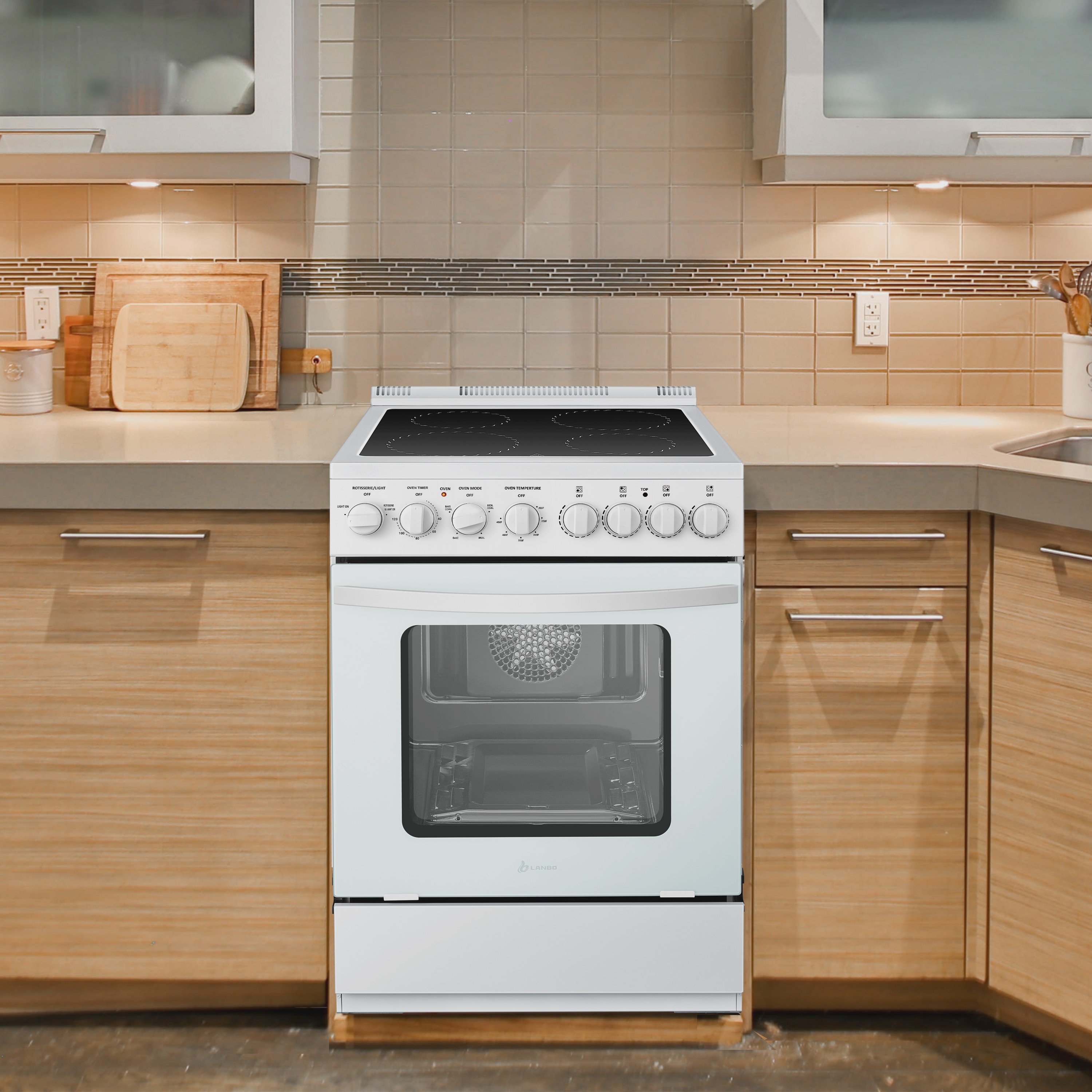 Estufa eléctrica independiente con horno de convección de 2.9 pies cúbicos y 4 quemadores, parte superior de vidrio de 24 pulgadas en color blanco.