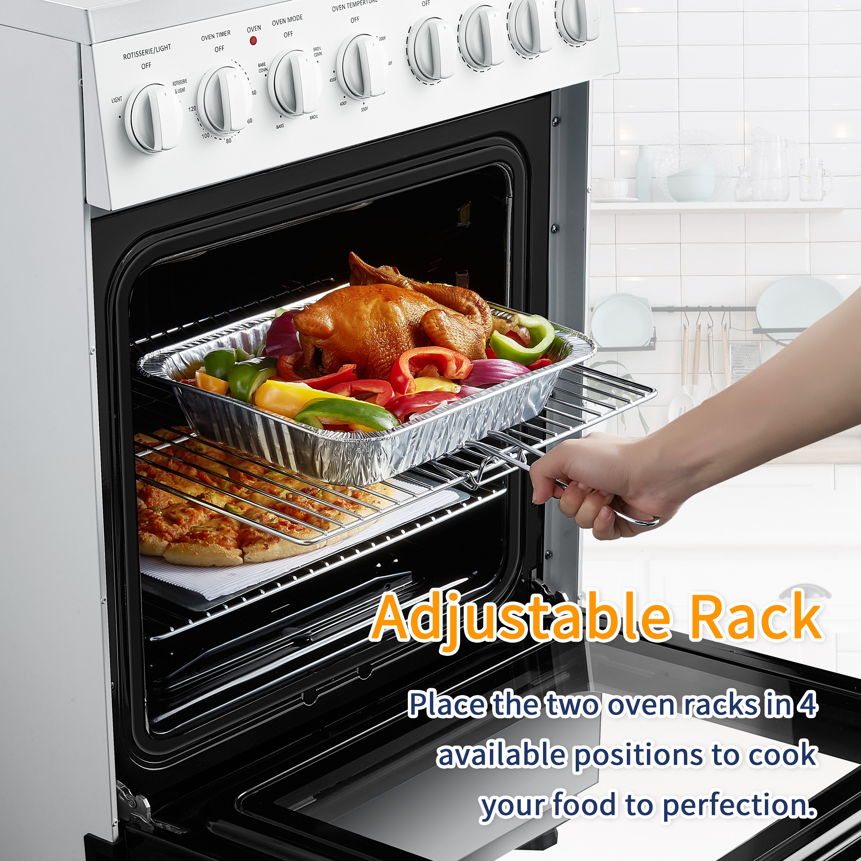 Estufa eléctrica independiente con horno de convección de 2.9 pies cúbicos y 4 quemadores, parte superior de vidrio de 24 pulgadas en color blanco.