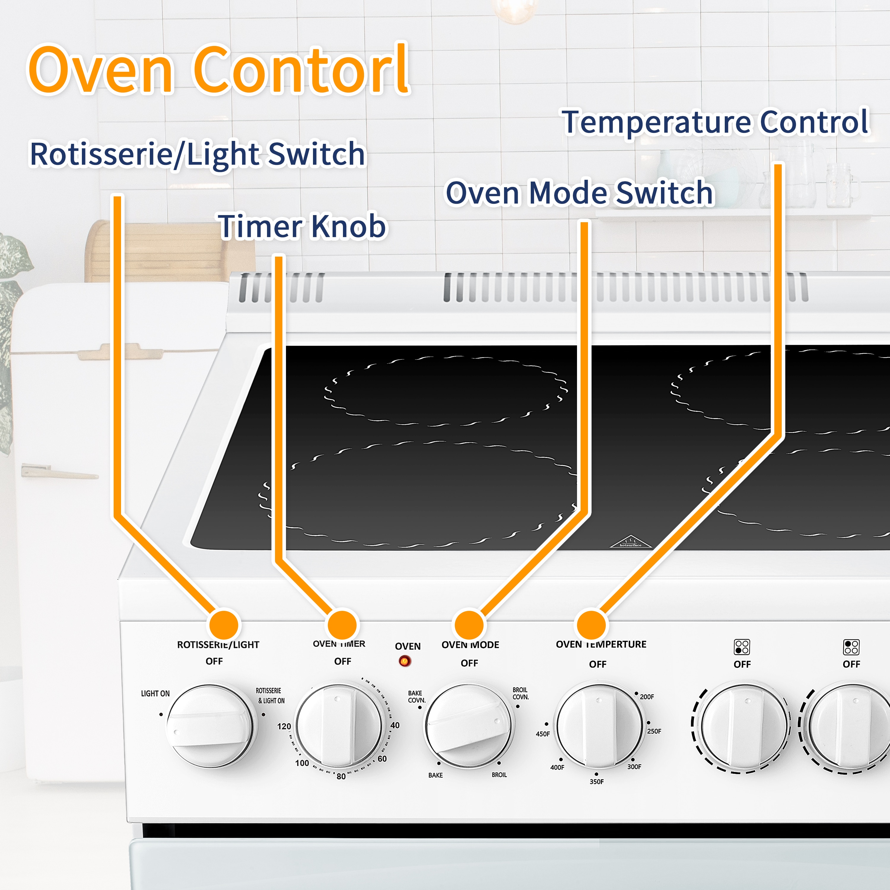 Estufa eléctrica independiente con horno de convección de 2.9 pies cúbicos y 4 quemadores, parte superior de vidrio de 24 pulgadas en color blanco.