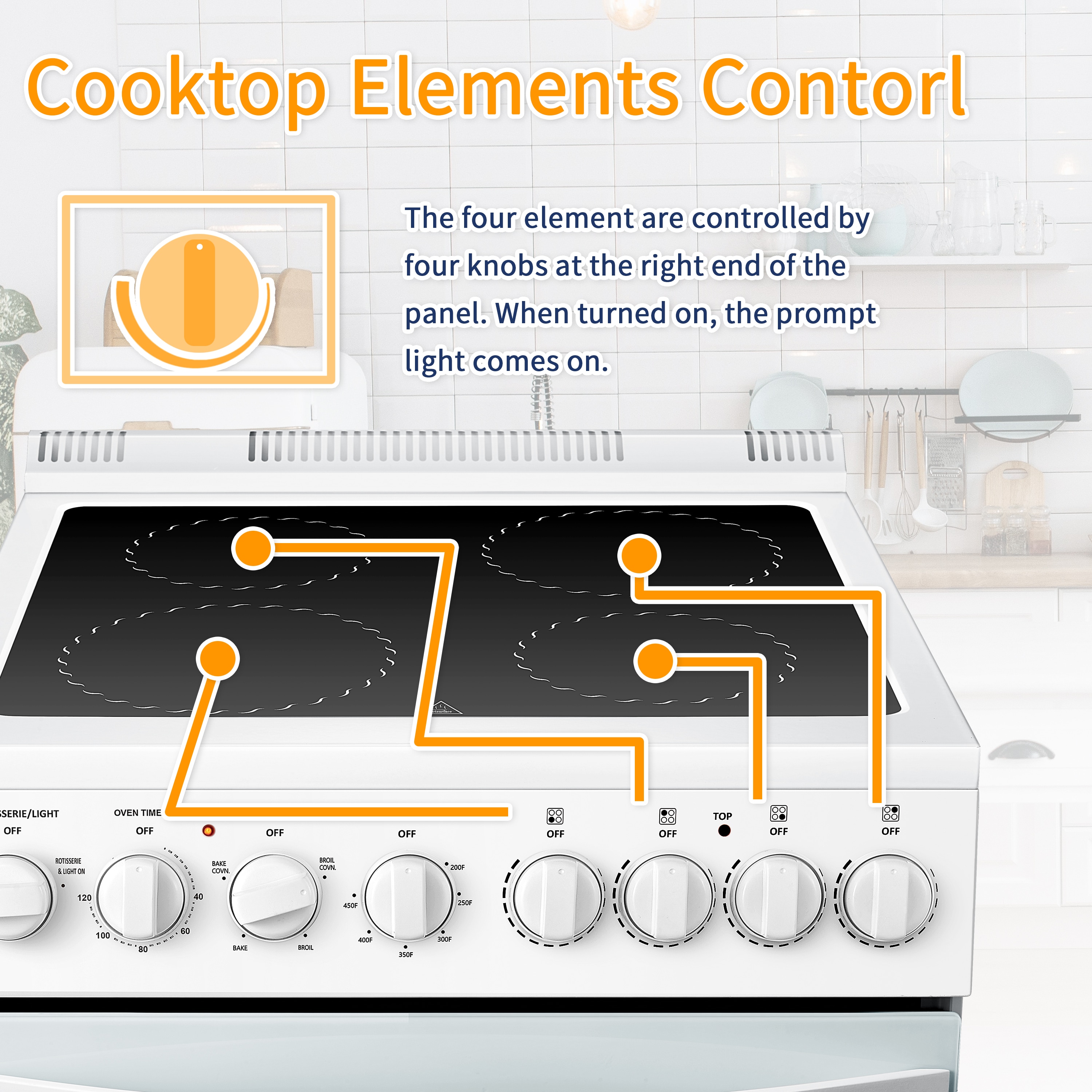 Estufa eléctrica independiente con horno de convección de 2.9 pies cúbicos y 4 quemadores, parte superior de vidrio de 24 pulgadas en color blanco.
