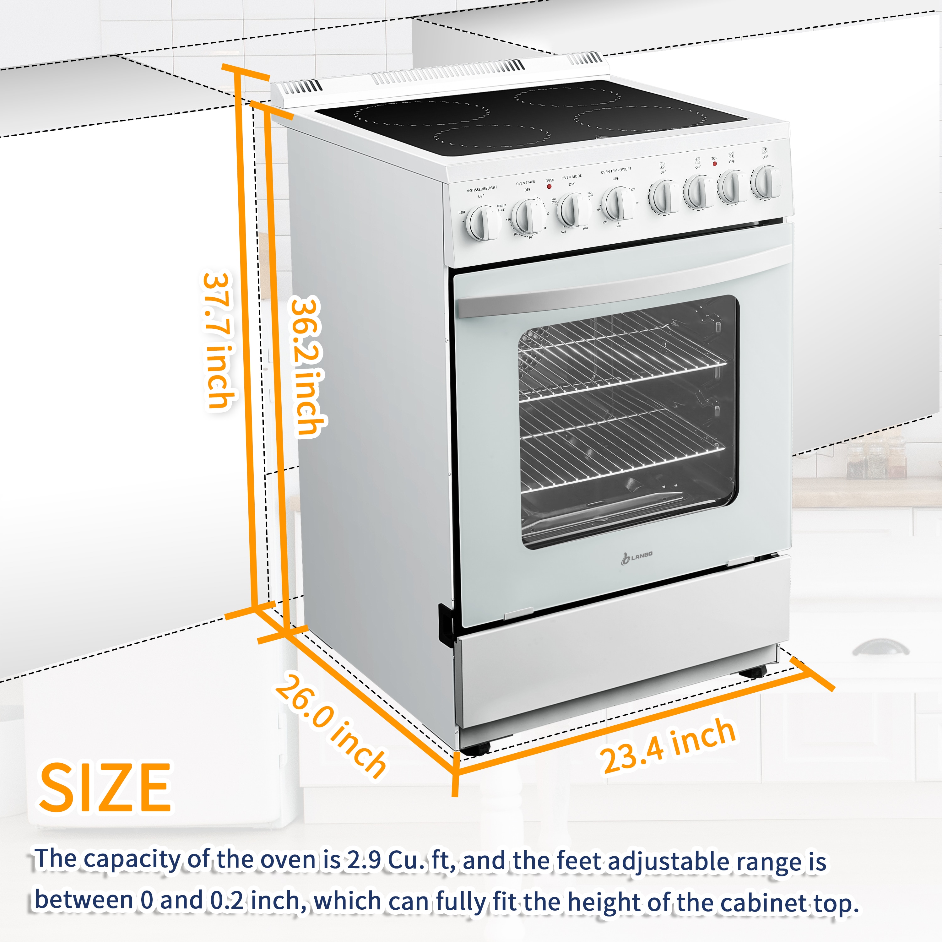 Estufa eléctrica independiente con horno de convección de 2.9 pies cúbicos y 4 quemadores, parte superior de vidrio de 24 pulgadas en color blanco.