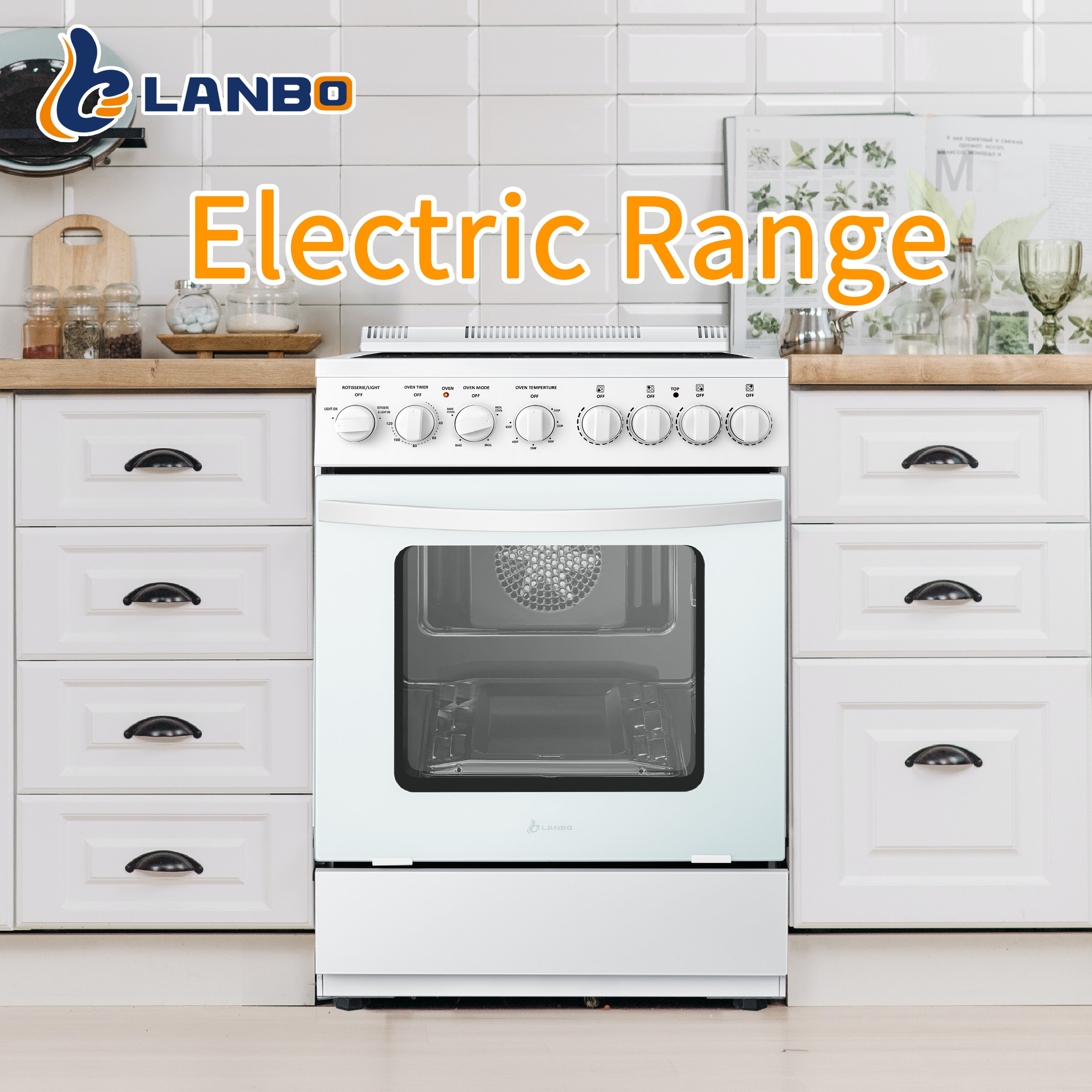 Estufa eléctrica independiente con horno de convección de 2.9 pies cúbicos y 4 quemadores, parte superior de vidrio de 24 pulgadas en color blanco.