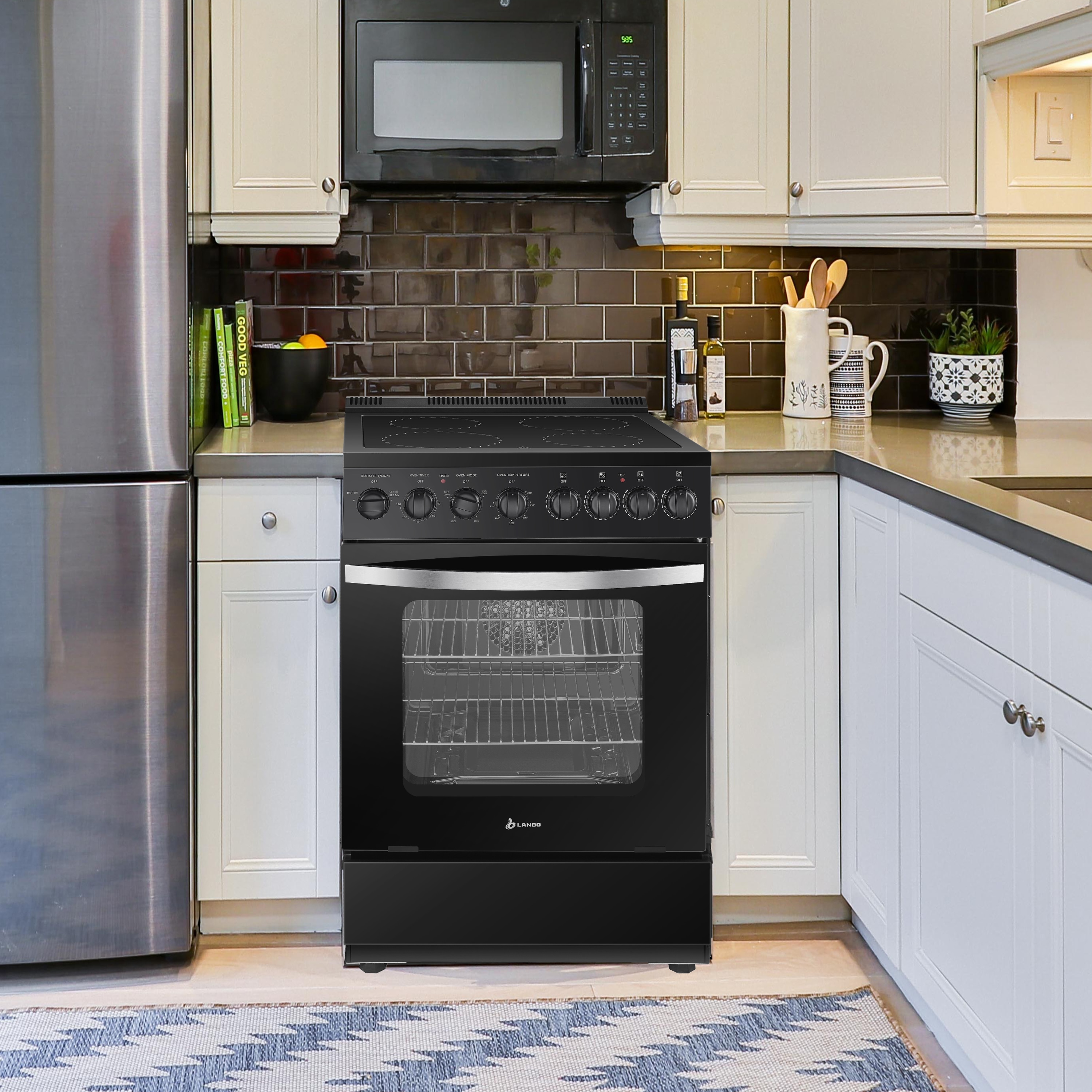 Estufa eléctrica independiente con horno de convección de 2.9 pies cúbicos y 4 quemadores en la parte superior de vidrio de 24 pulgadas en color negro.